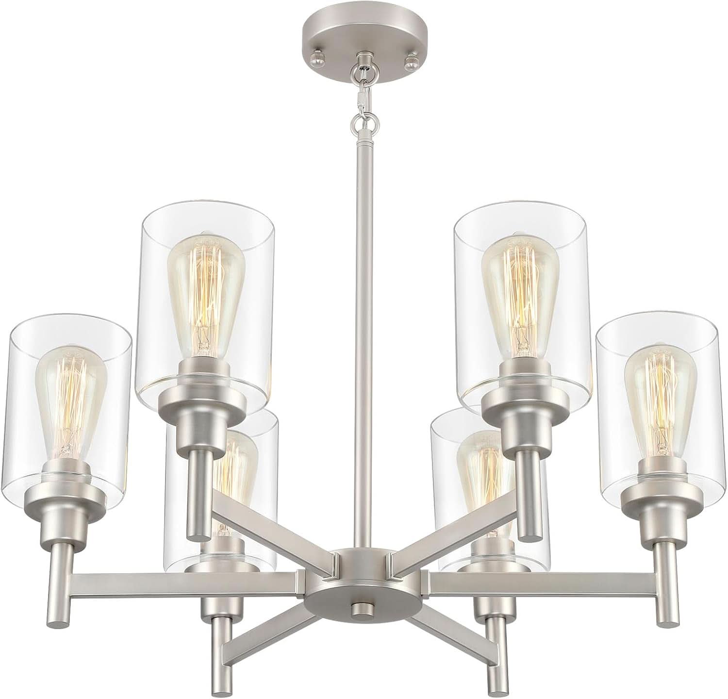 Brushed Nickel Six Light Chandelier With Clear Glass Shades