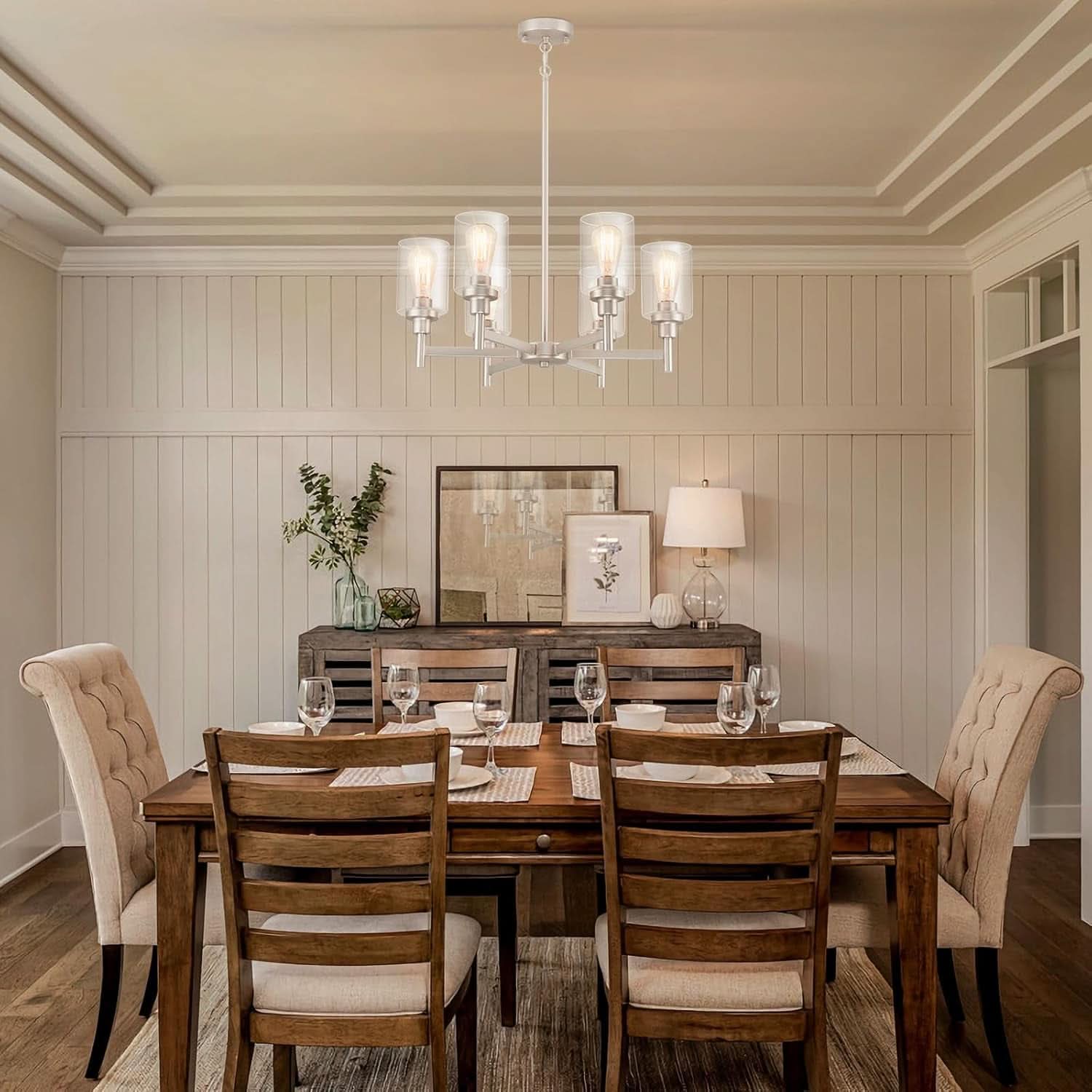 Brushed Nickel Six Light Chandelier With Clear Glass Shades