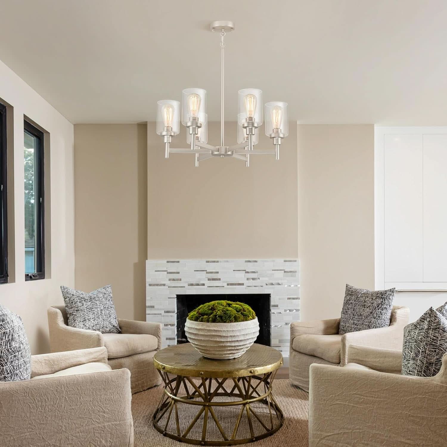 Brushed Nickel Six Light Chandelier With Clear Glass Shades
