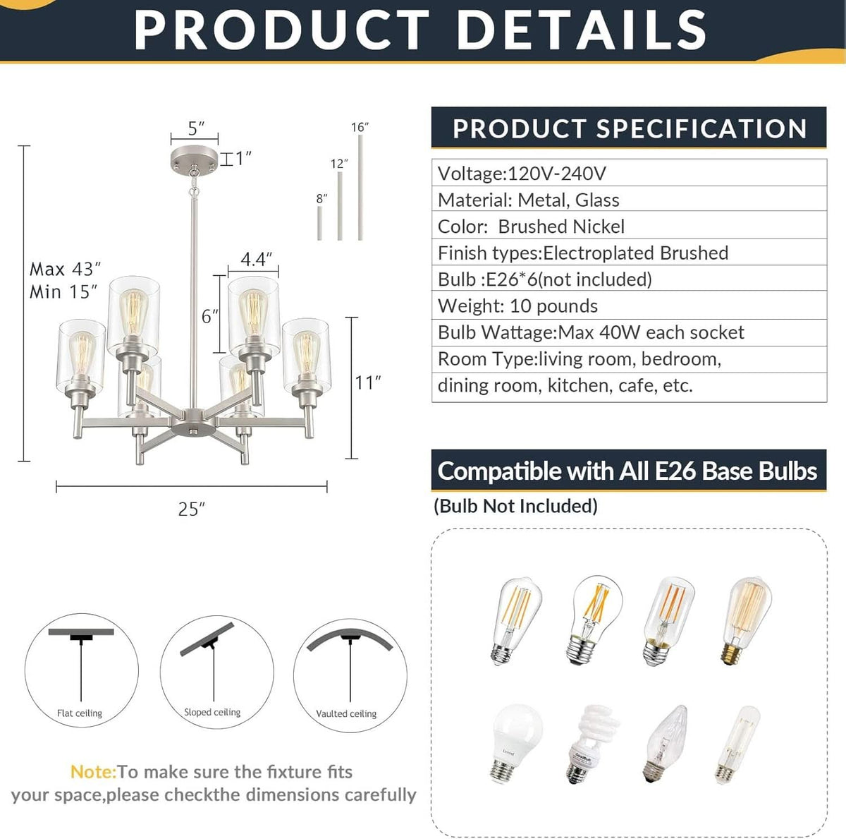Brushed Nickel Six Light Chandelier With Clear Glass Shades