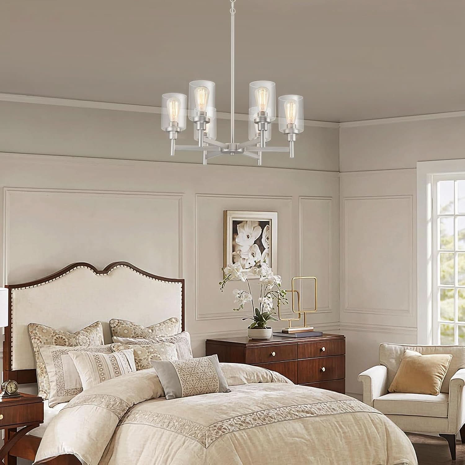 Brushed Nickel Six Light Chandelier With Clear Glass Shades