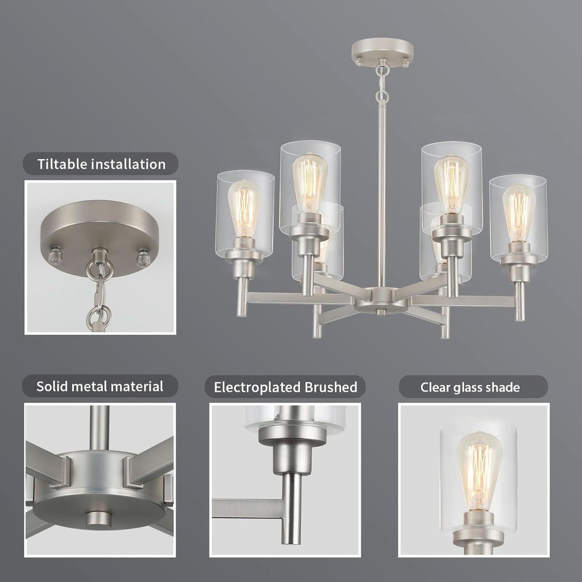 Brushed Nickel Six Light Chandelier With Clear Glass Shades