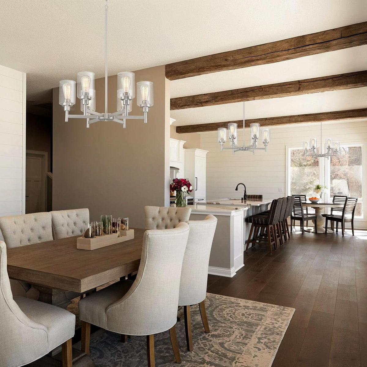 Brushed Nickel Six Light Chandelier With Clear Glass Shades