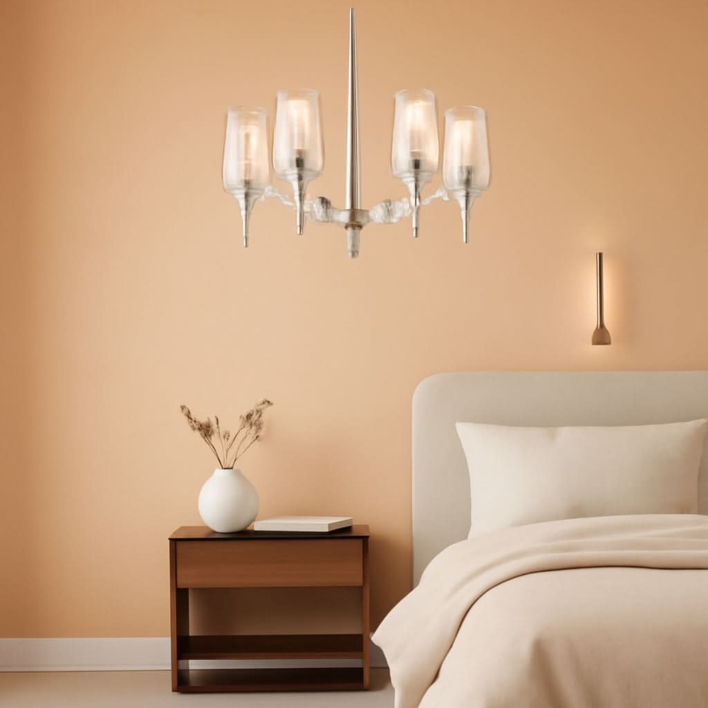 Brushed Nickel Six Light Chandelier With Clear Glass Shades