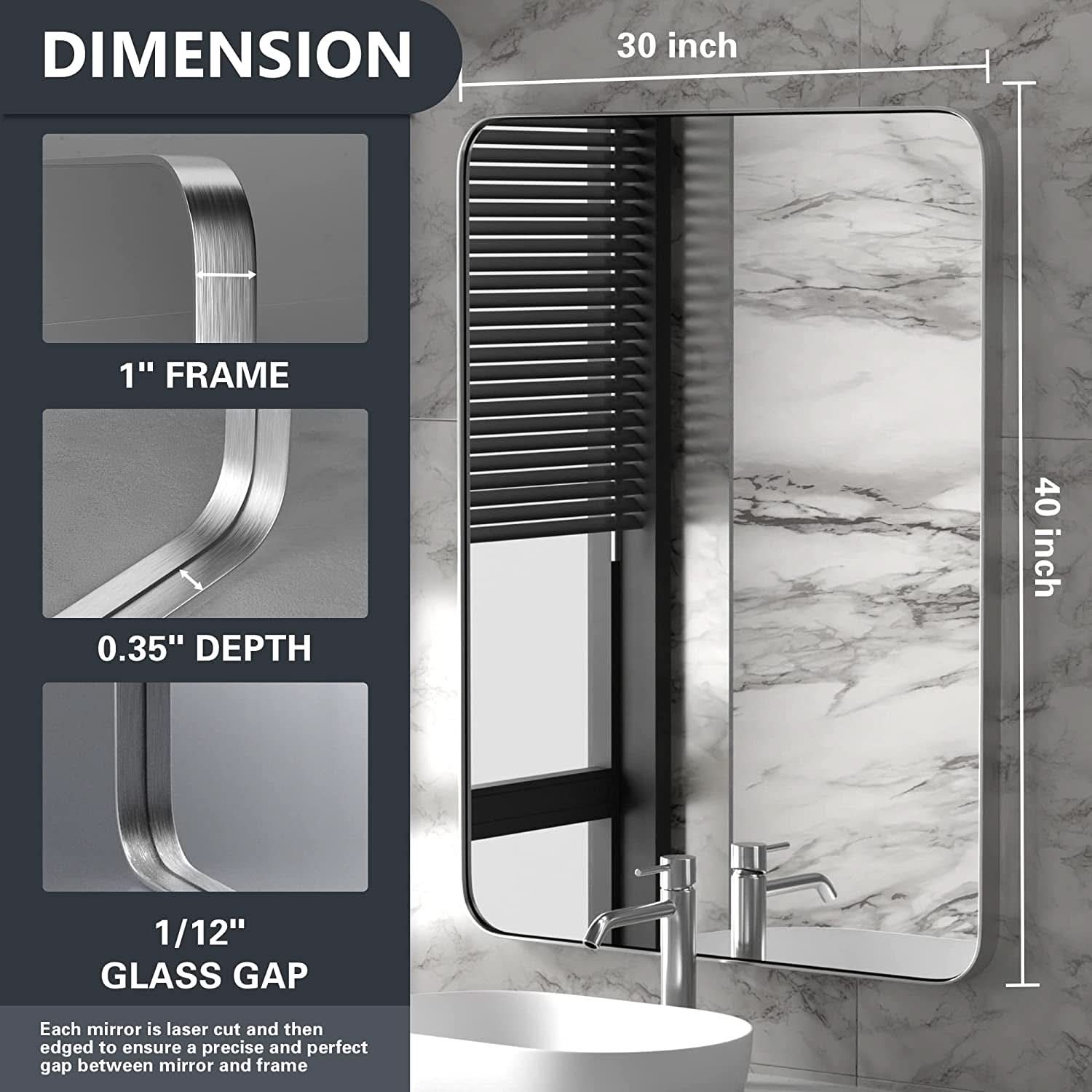 Brushed Silver Wall Mounted Bathroom Mirror 30x40 Inches