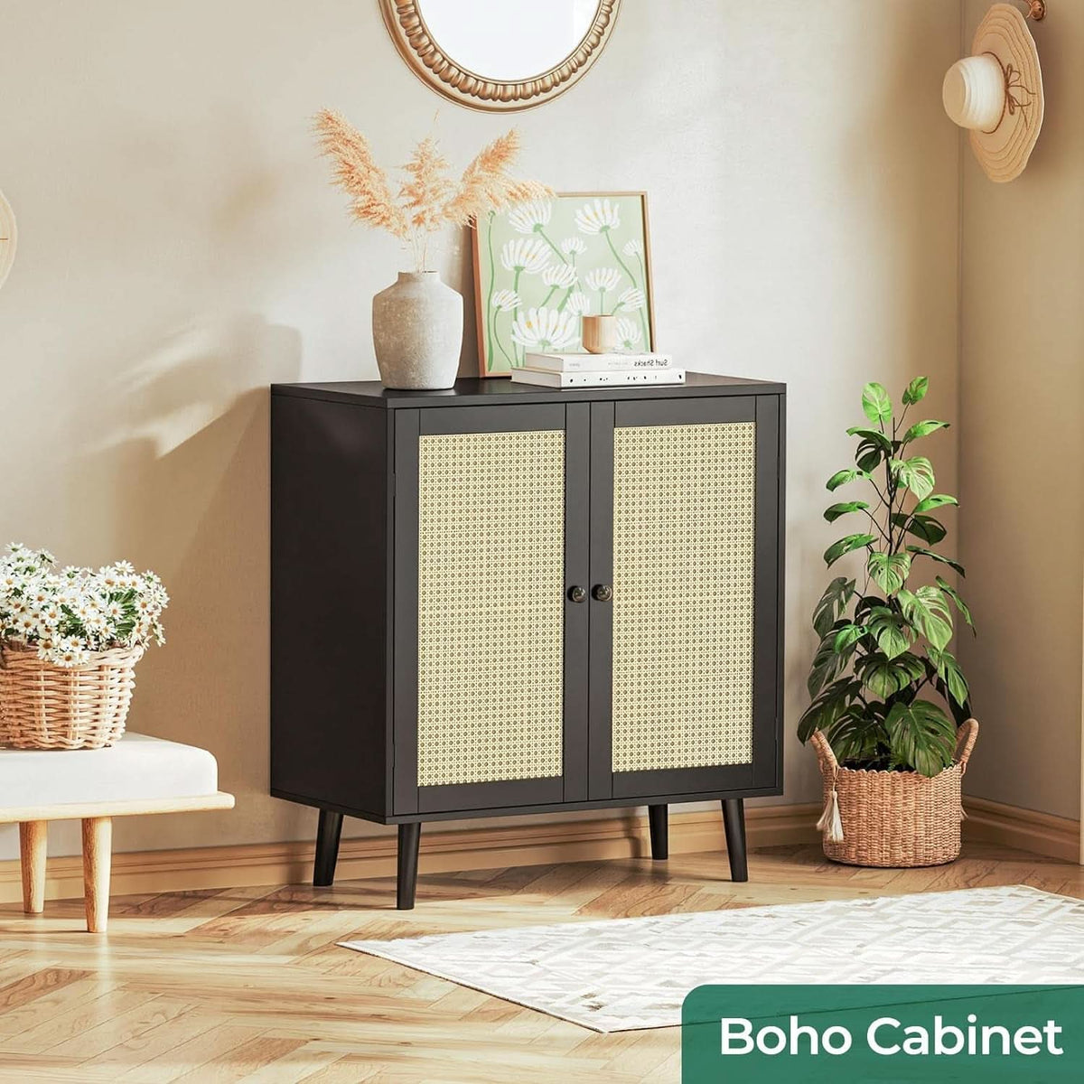 Buffet Cabinet With Black Finish And Rattan Doors Storage