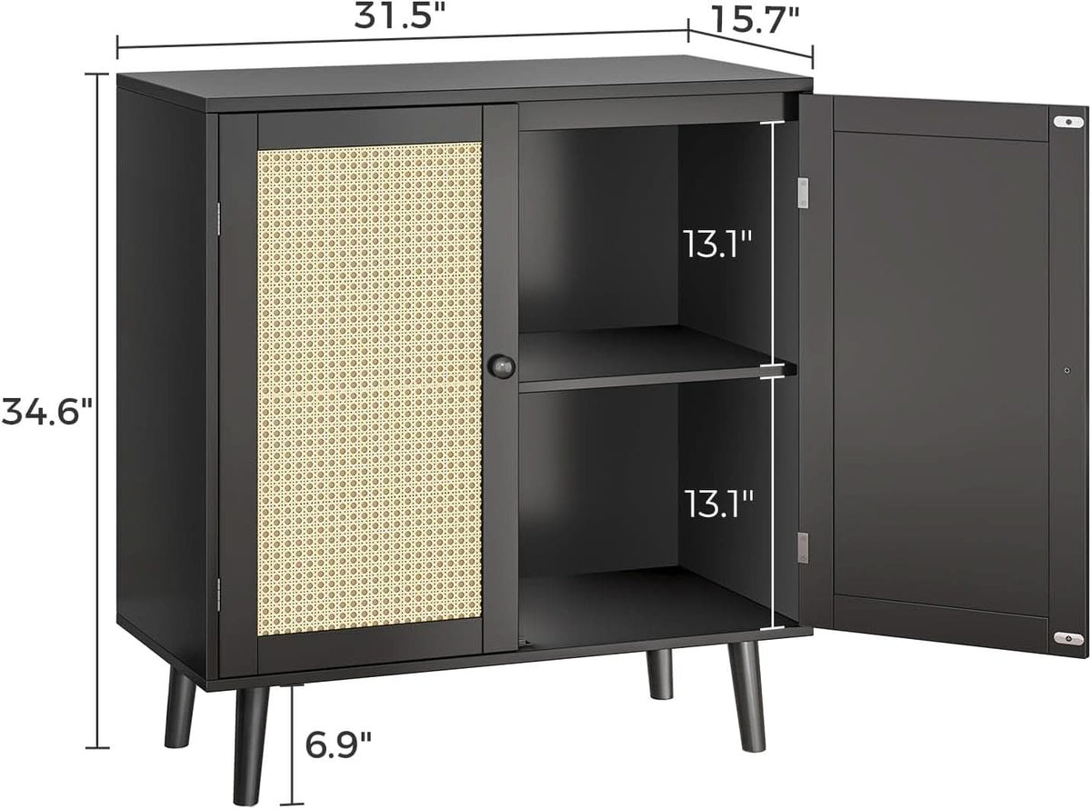 Buffet Cabinet With Black Finish And Rattan Doors Storage