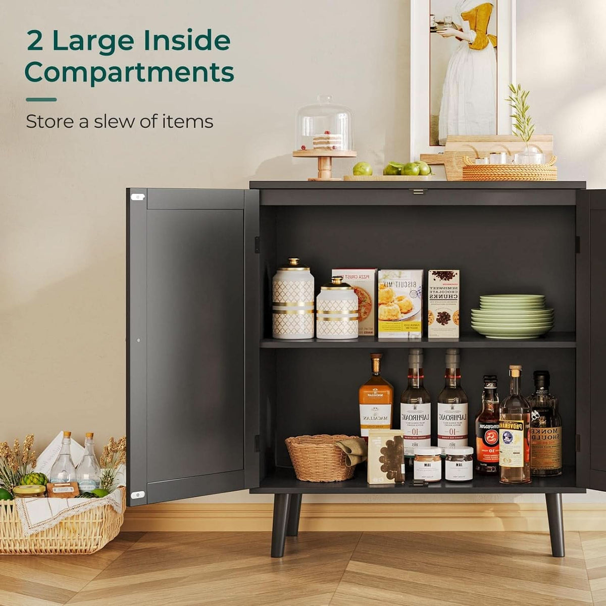 Buffet Cabinet With Black Finish And Rattan Doors Storage