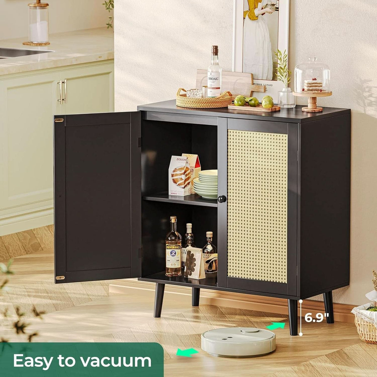 Buffet Cabinet With Black Finish And Rattan Doors Storage