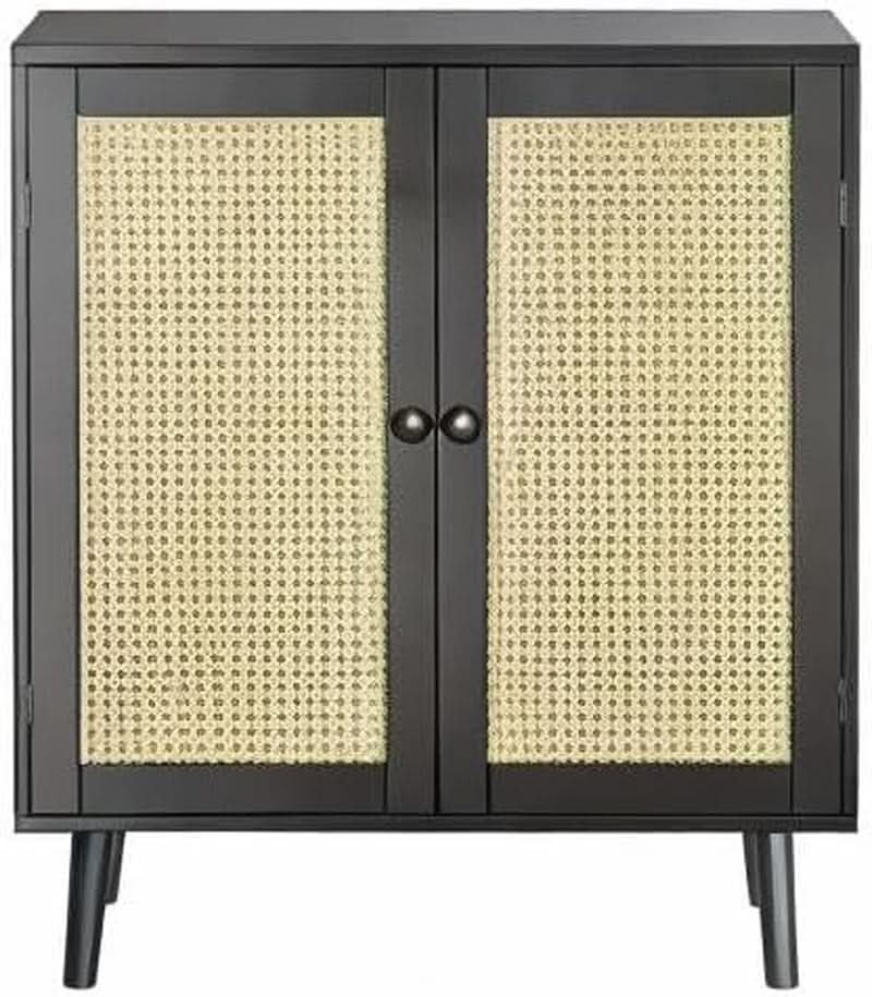 Buffet Cabinet With Black Finish And Rattan Doors Storage