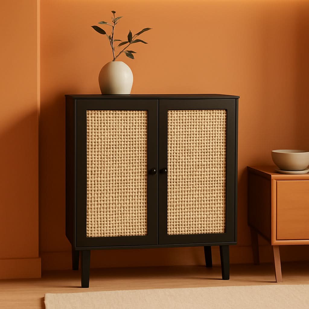 Buffet Cabinet With Black Finish And Rattan Doors Storage