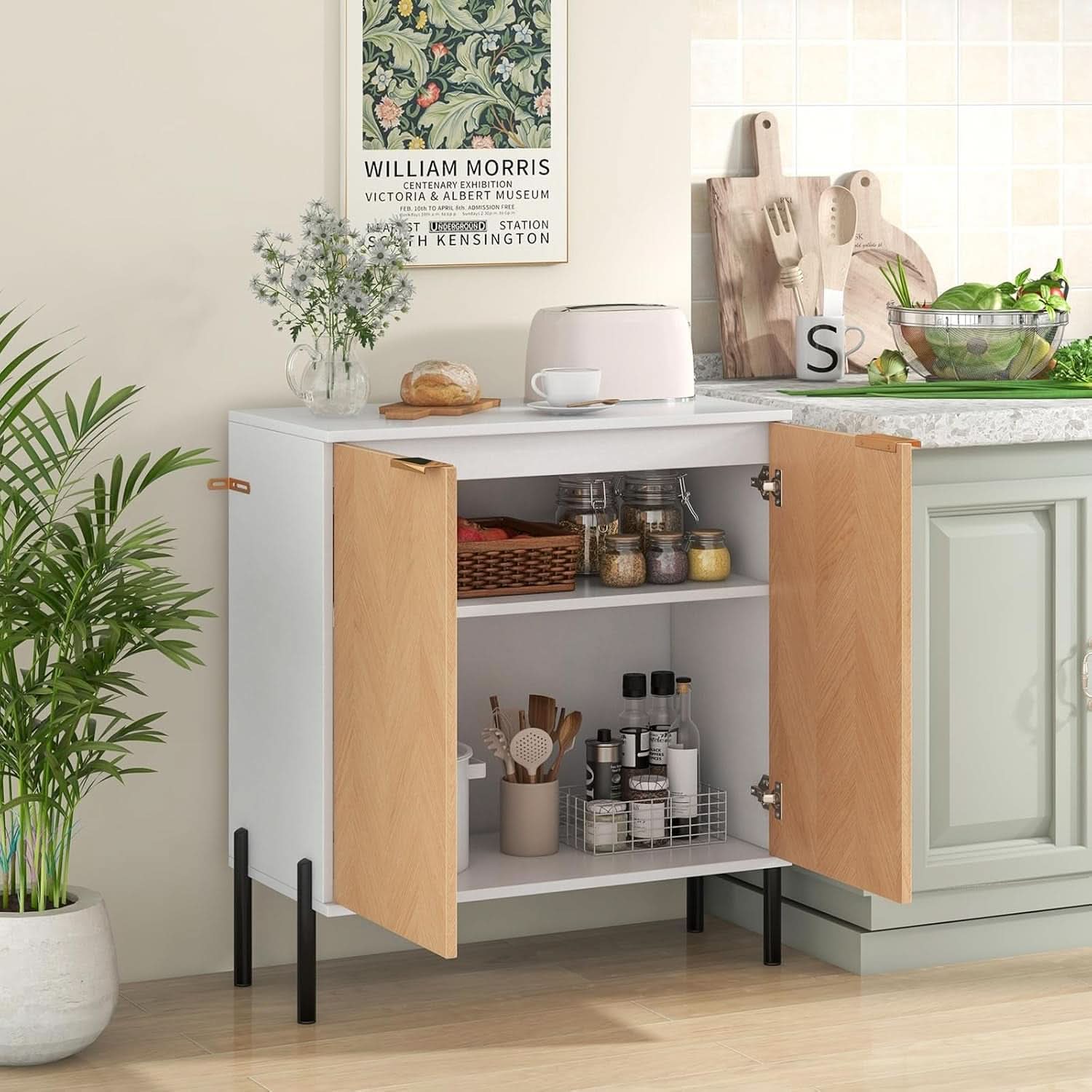 Buffet Cabinet With Storage White Natural 2 Door Modern