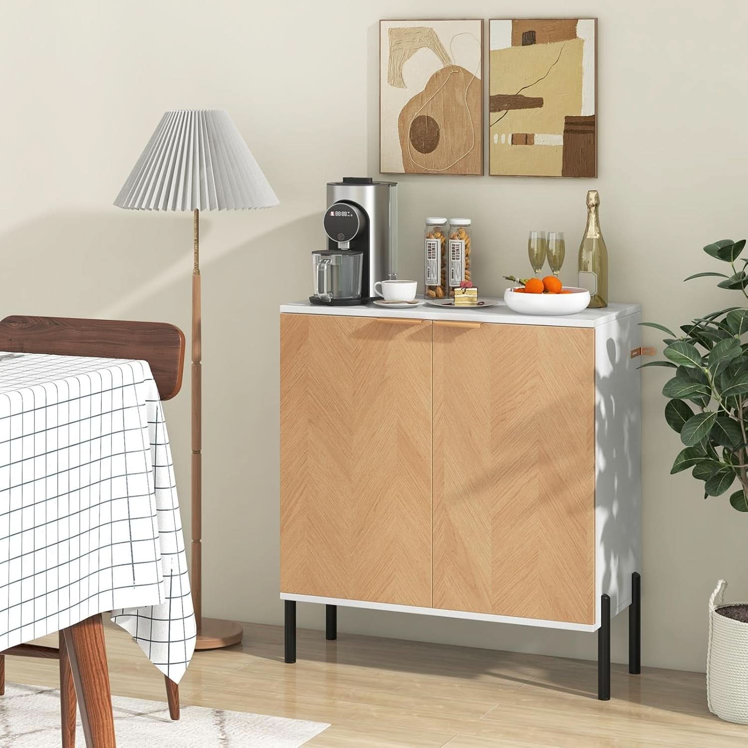 Buffet Cabinet With Storage White Natural 2 Door Modern