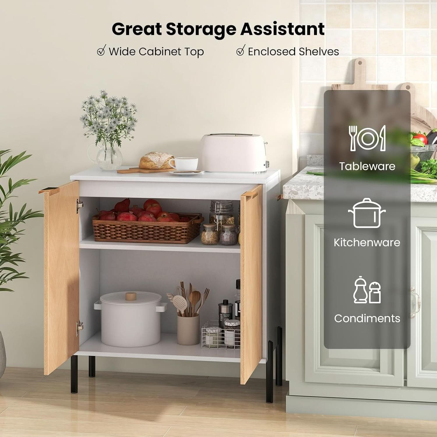 Buffet Cabinet With Storage White Natural 2 Door Modern