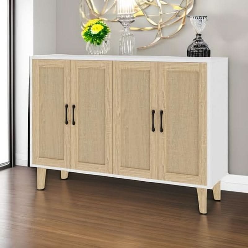 Buffet Storage Cabinet White Rattan Decor 4 Doors 48 Inch