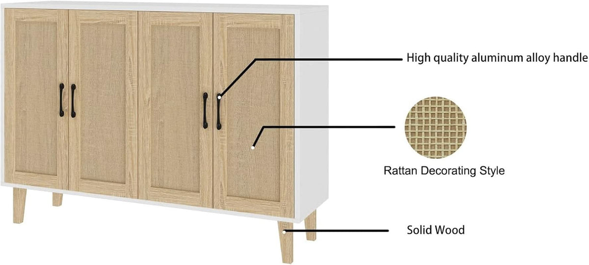 Buffet Storage Cabinet White Rattan Decor 4 Doors 48 Inch