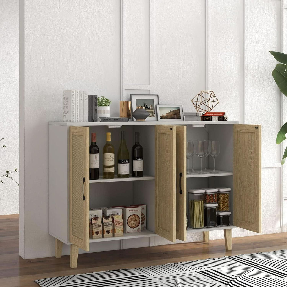 Buffet Storage Cabinet White Rattan Decor 4 Doors 48 Inch