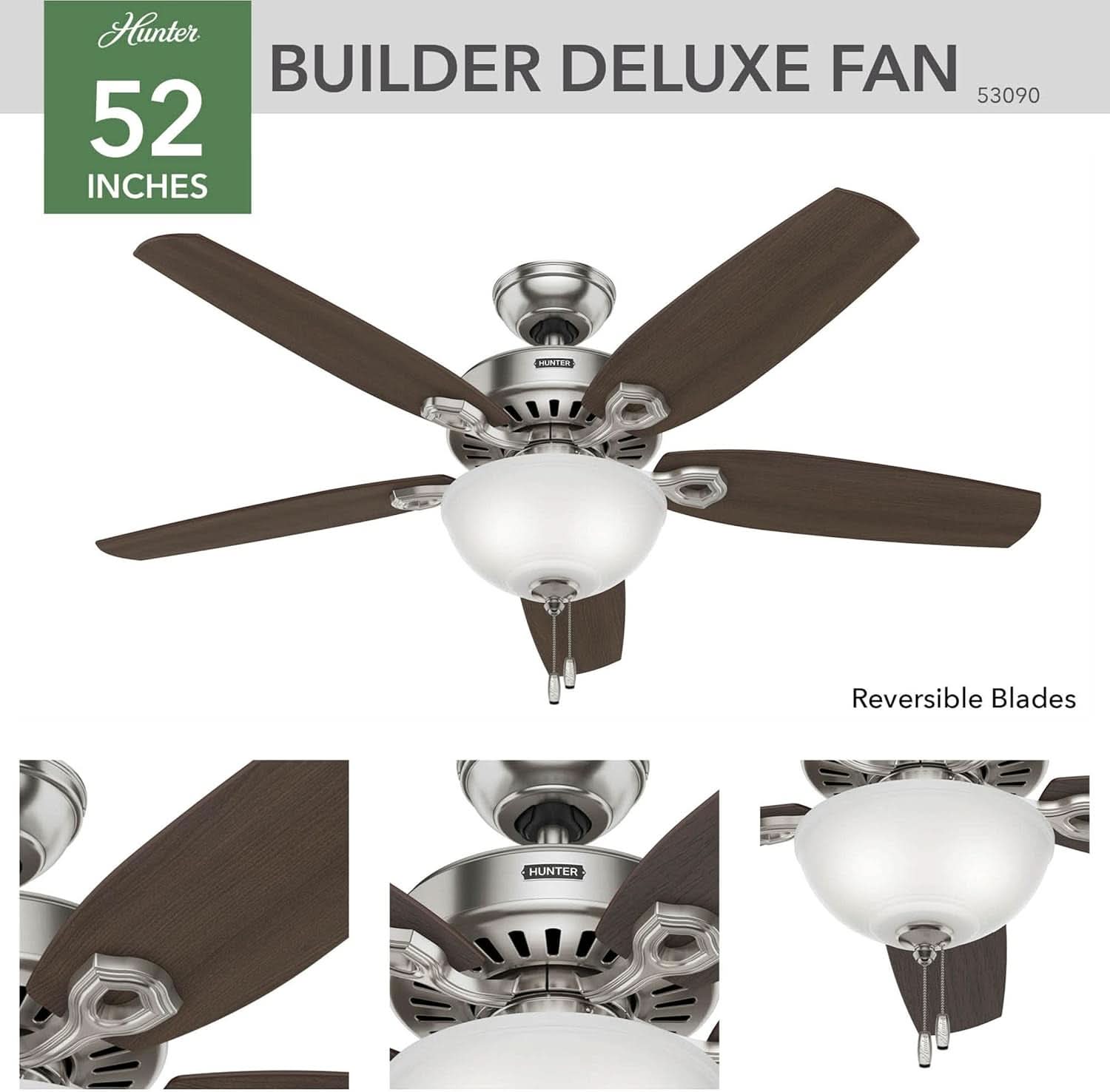 Builder Deluxe 52 Inch Brushed Nickel Indoor Ceiling Fan