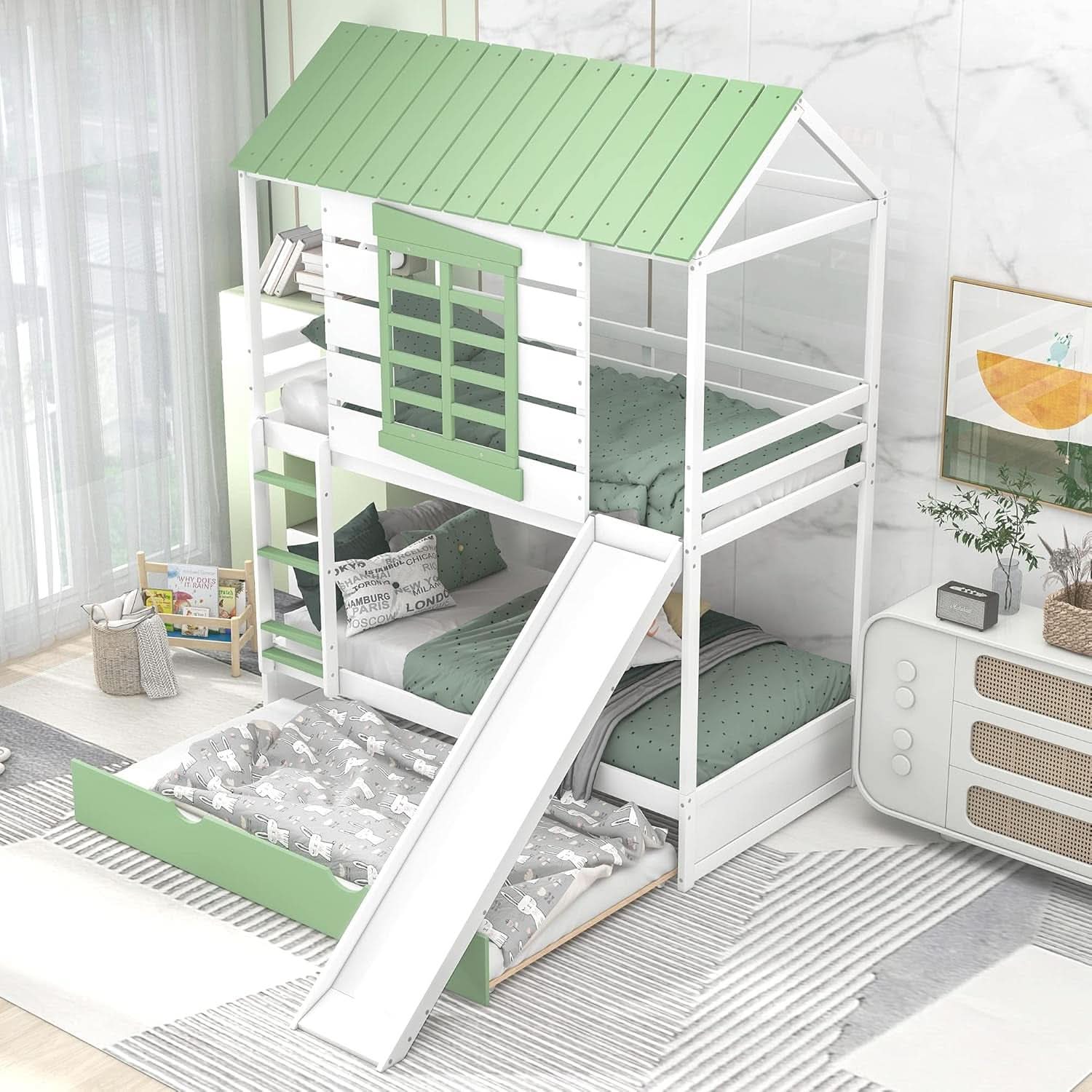 Bunk Bed Twin Over Twin With Slide And Trundle White Green