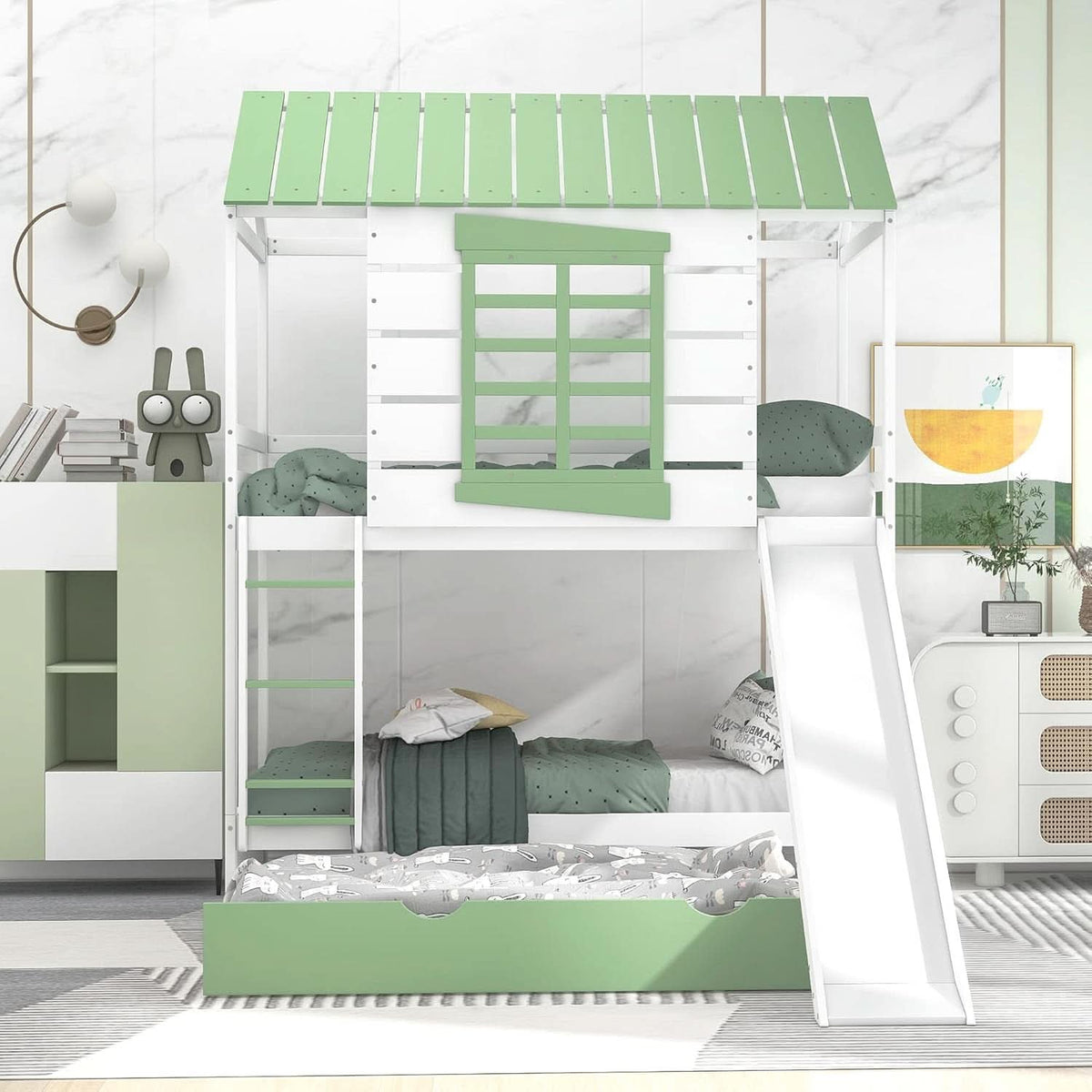 Bunk Bed Twin Over Twin With Slide And Trundle White Green