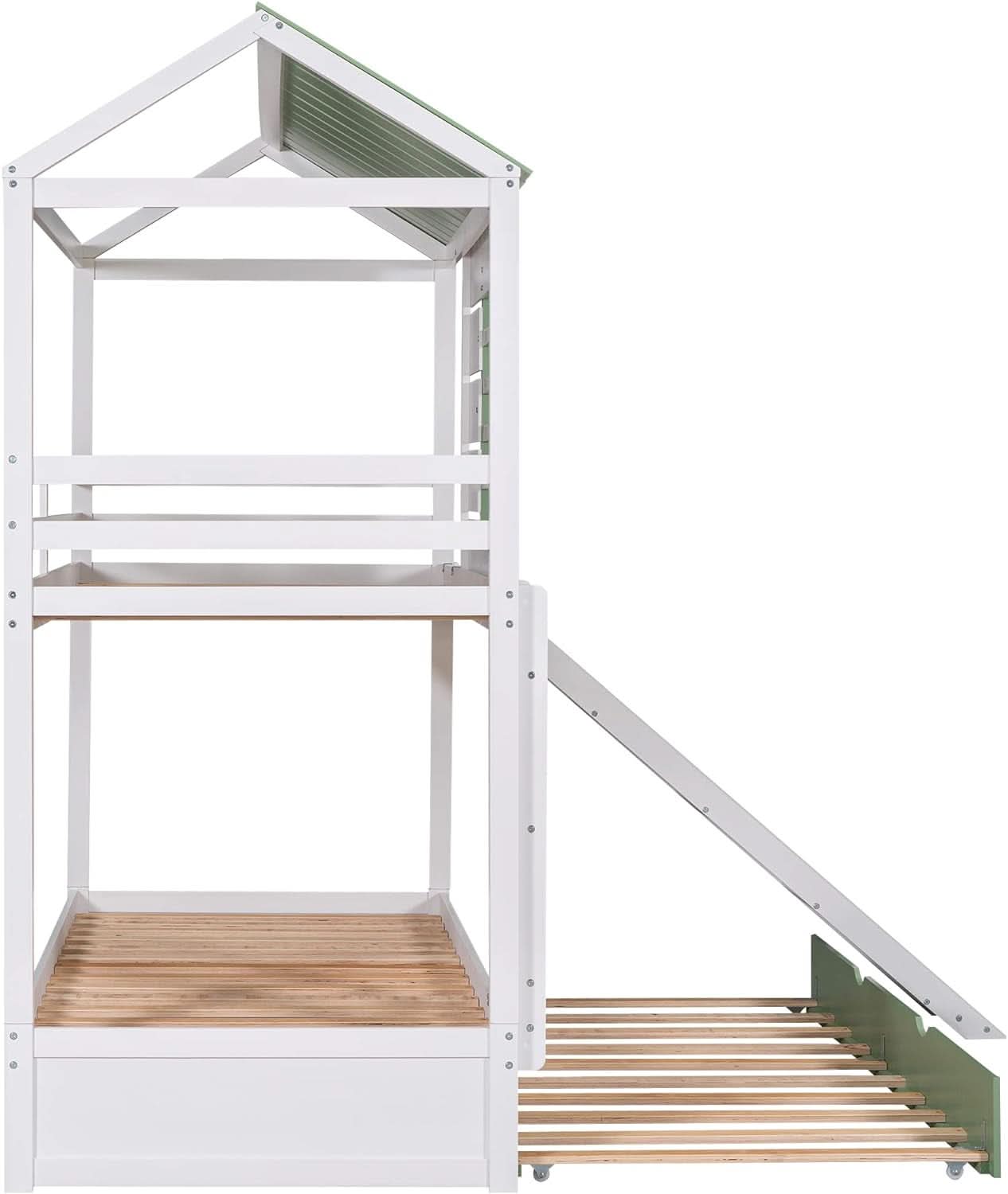 Bunk Bed Twin Over Twin With Slide And Trundle White Green