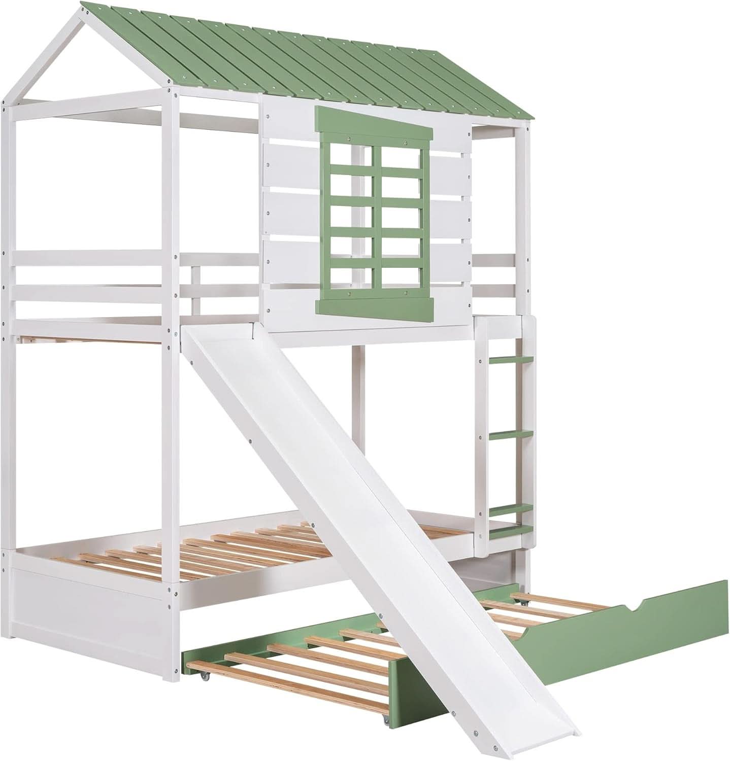 Bunk Bed Twin Over Twin With Slide And Trundle White Green