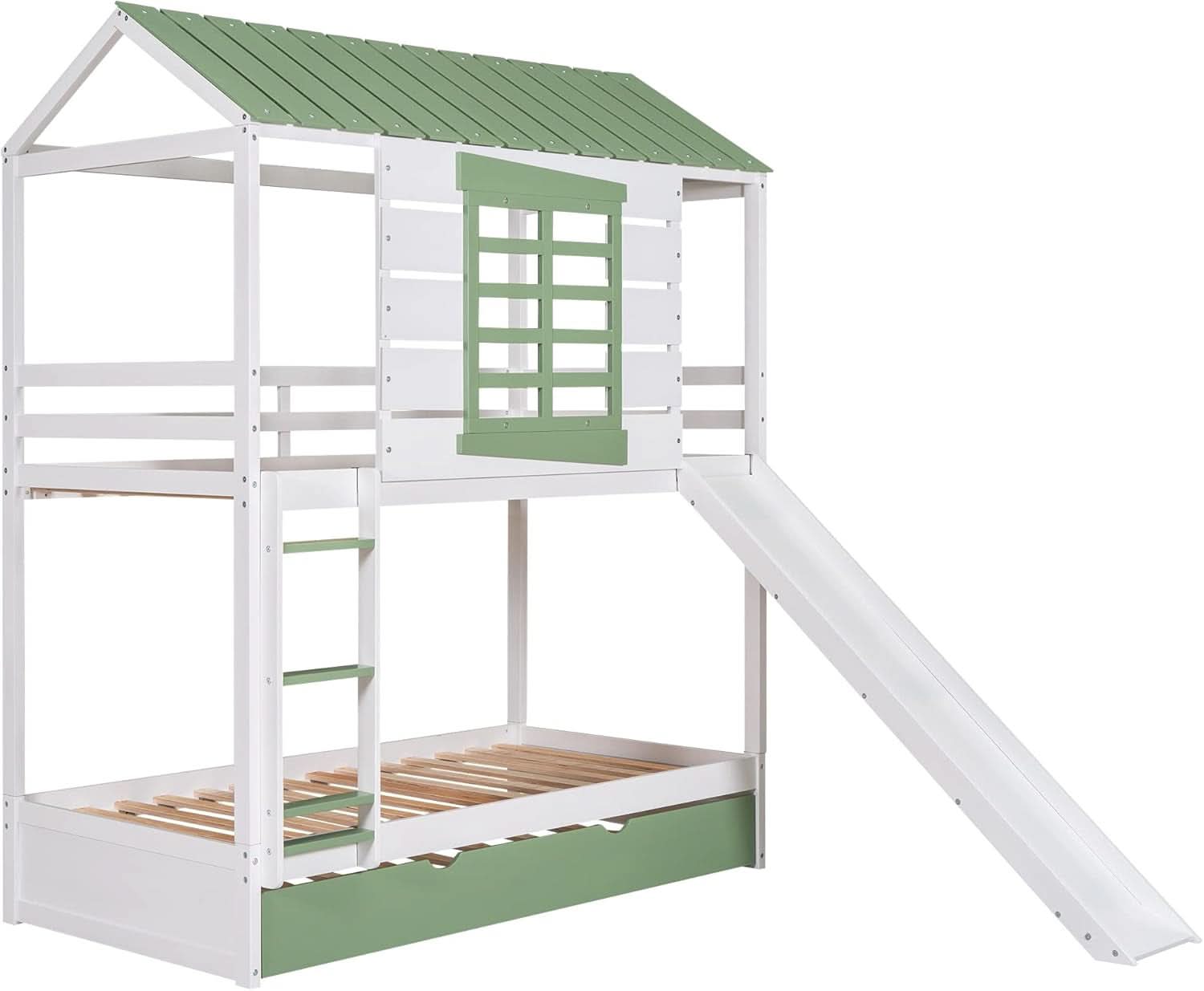 Bunk Bed Twin Over Twin With Slide And Trundle White Green