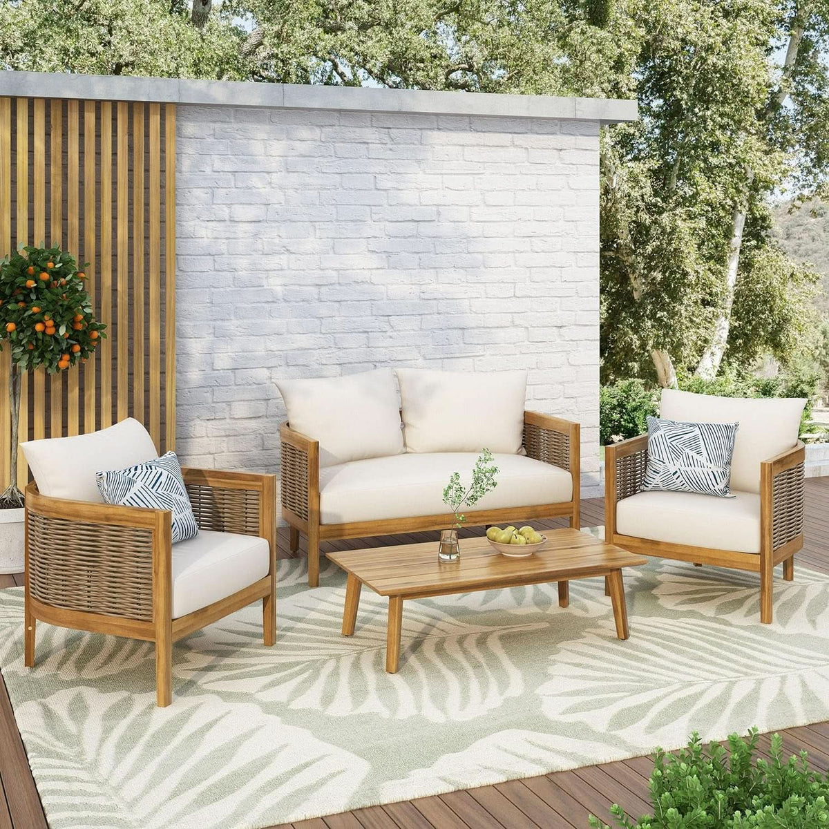 Burchett Outdoor 4 Piece Chat Set Acacia Wood And Wicker Teak Brown Beige