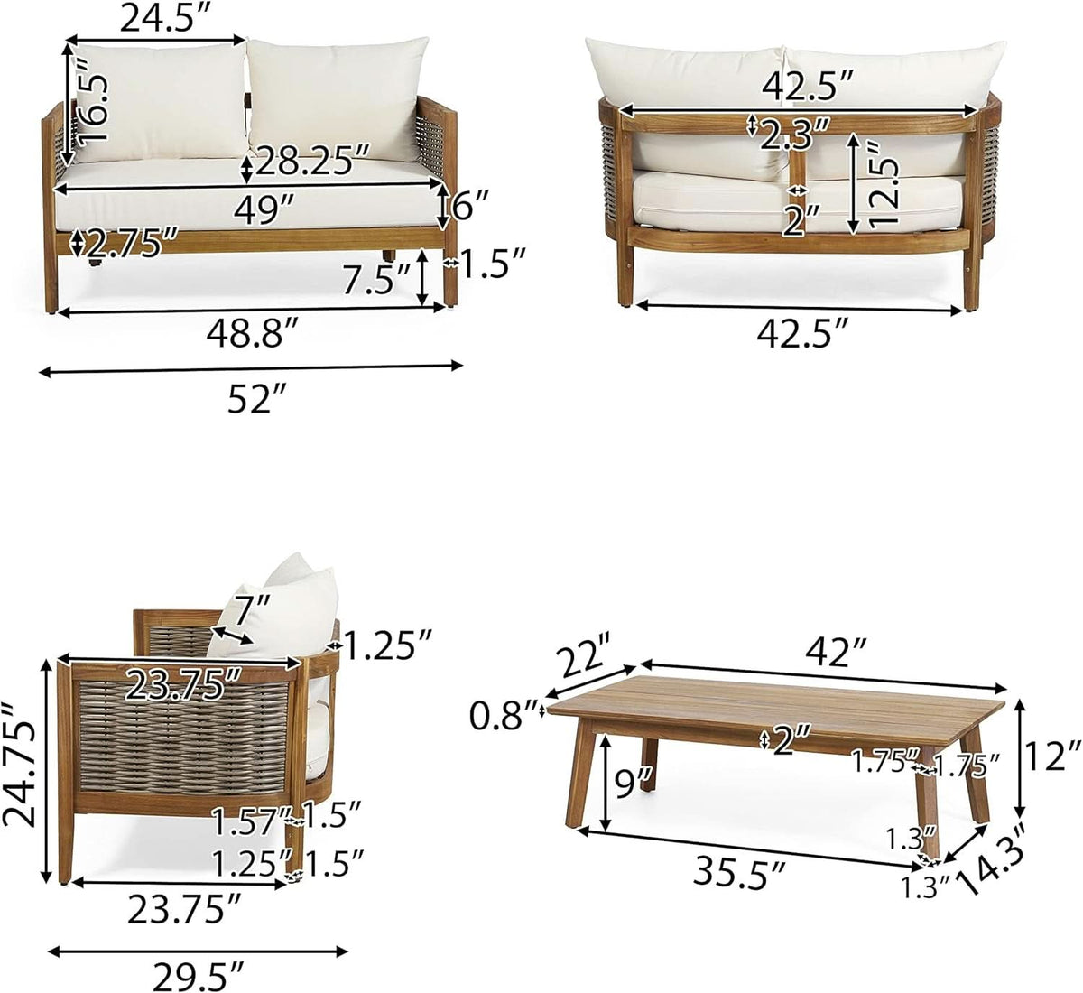 Burchett Outdoor 4 Piece Chat Set Acacia Wood And Wicker Teak Brown Beige