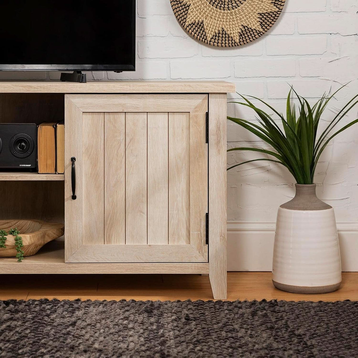 Buren 58 Inch White Oak Grooved Door TV Stand 65 Inch TV