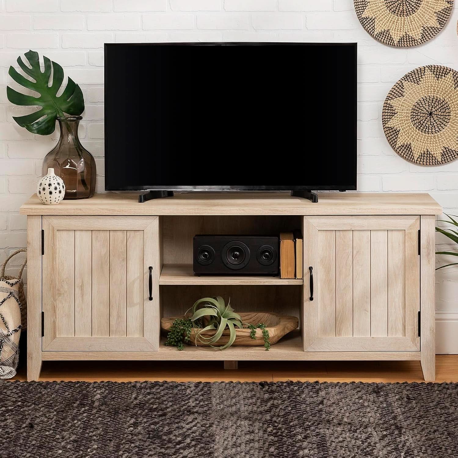 Buren 58 Inch White Oak Grooved Door TV Stand 65 Inch TV