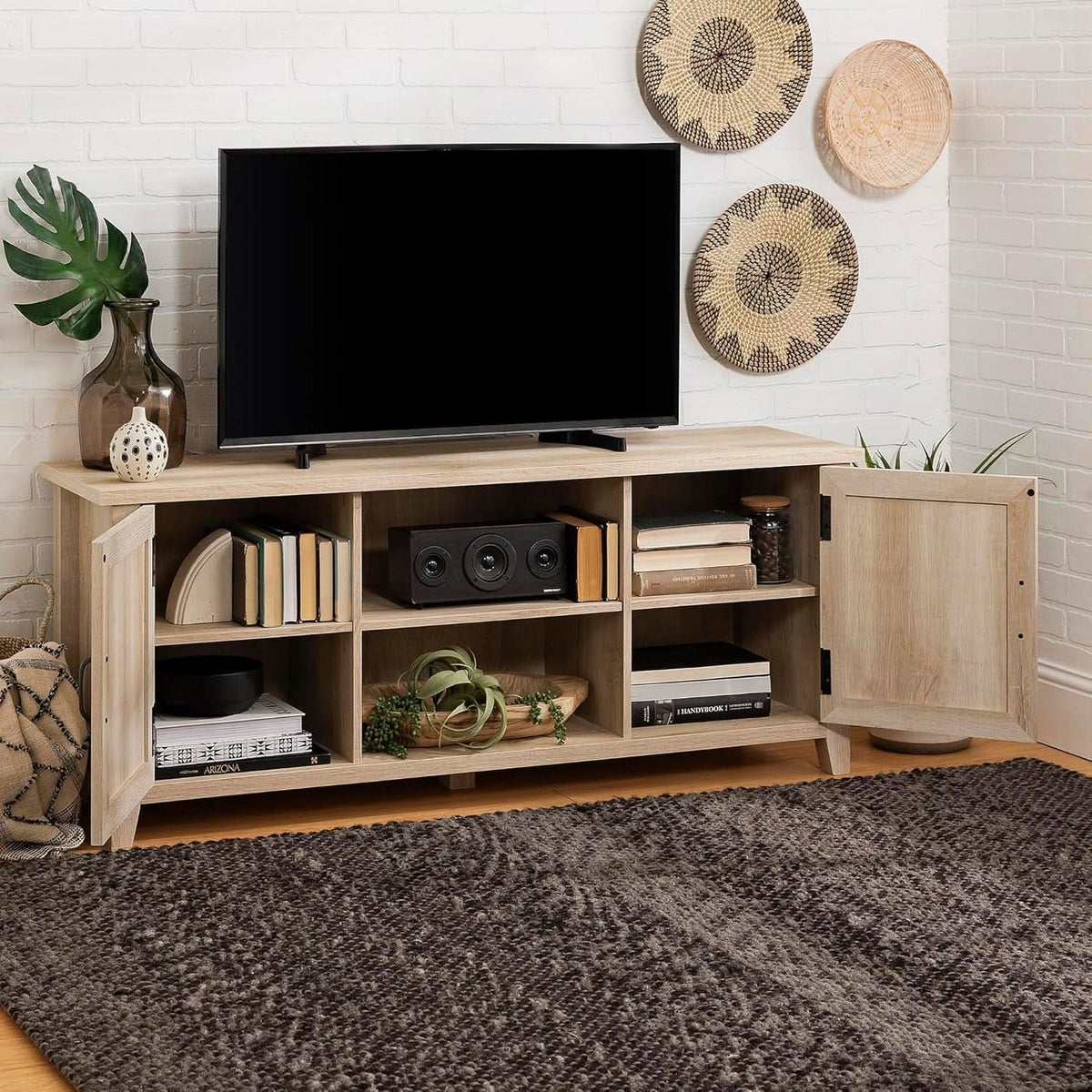 Buren 58 Inch White Oak Grooved Door TV Stand 65 Inch TV