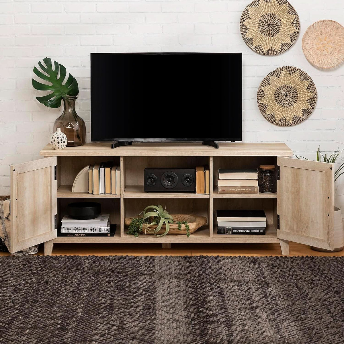 Buren 58 Inch White Oak Grooved Door TV Stand 65 Inch TV
