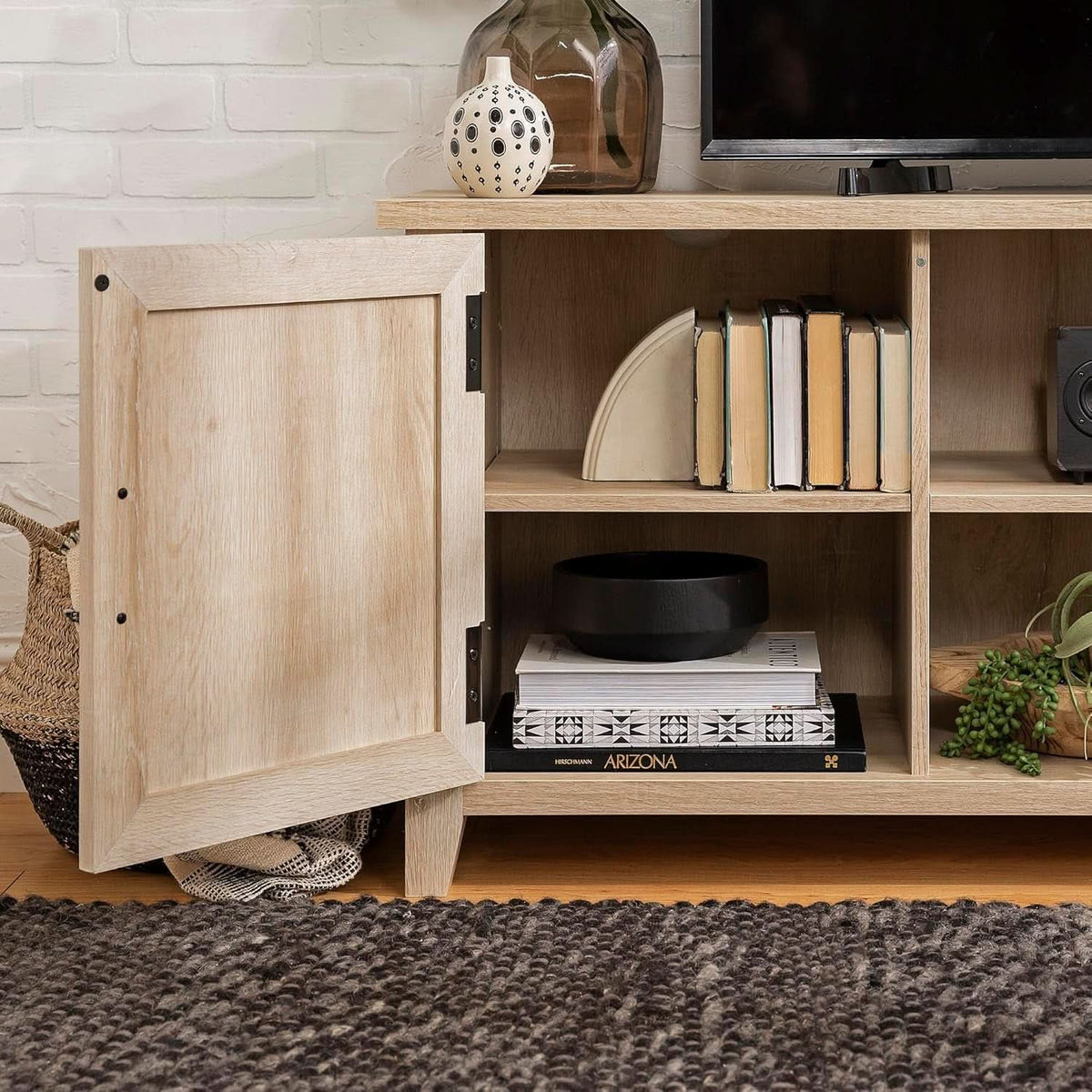 Buren 58 Inch White Oak Grooved Door TV Stand 65 Inch TV