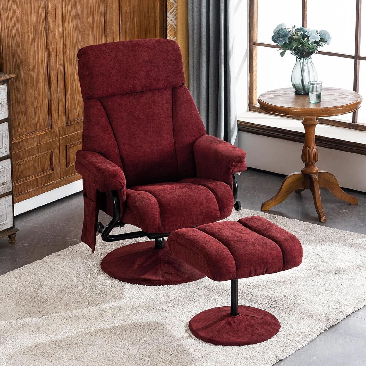 Burgundy Swivel Recliner With Ottoman Massage For RV