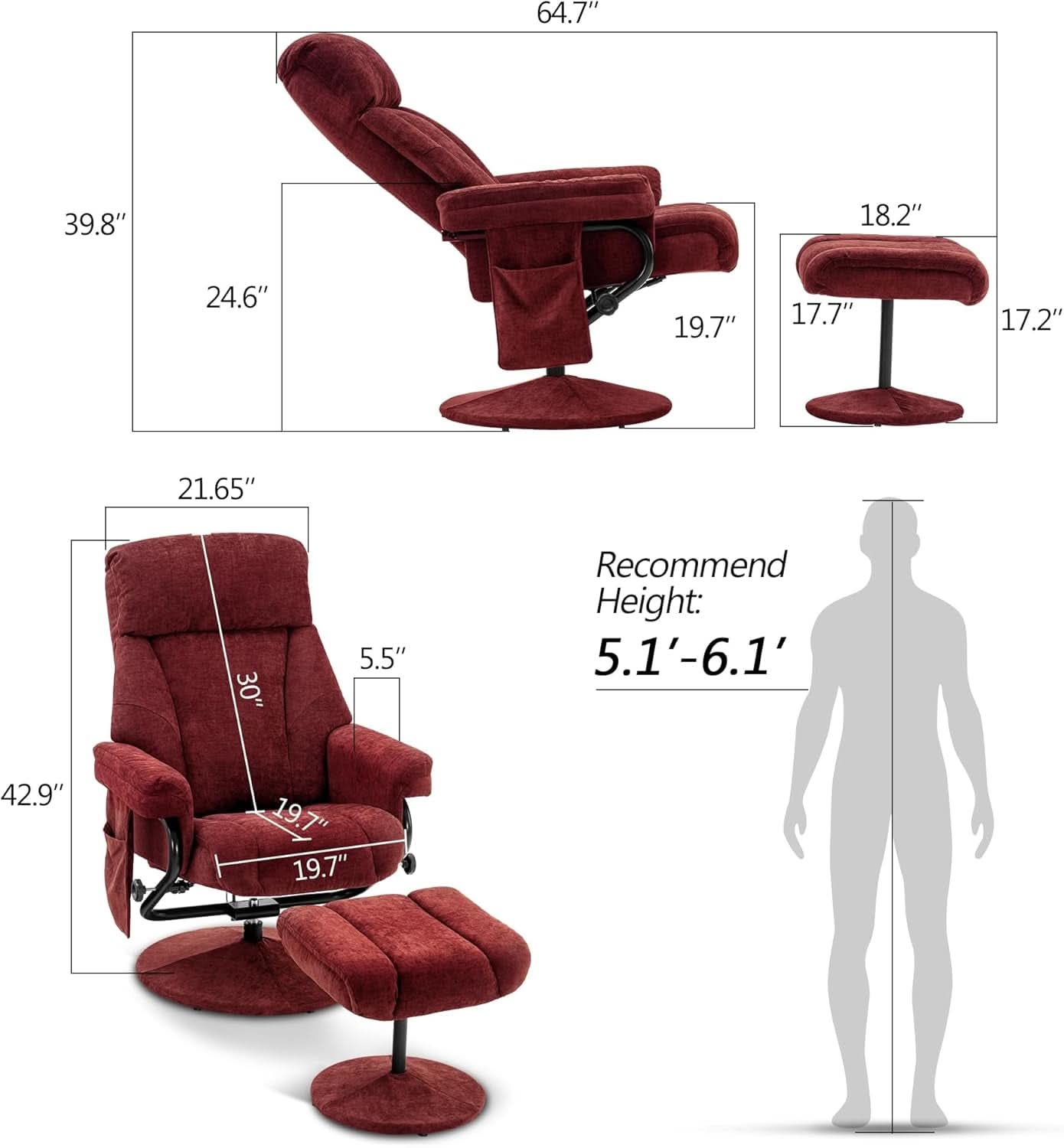 Burgundy Swivel Recliner With Ottoman Massage For RV