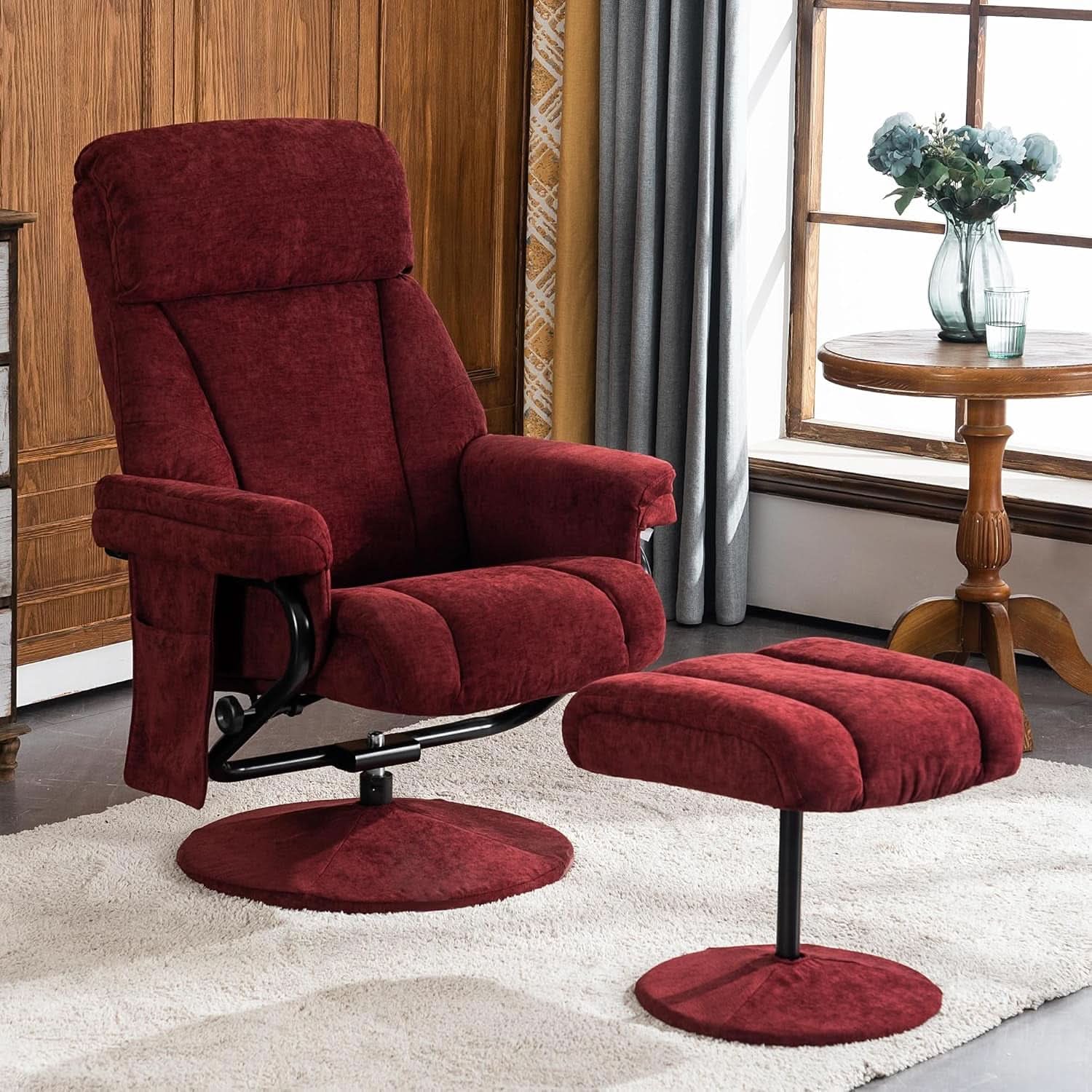 Burgundy Swivel Recliner With Ottoman Massage For RV