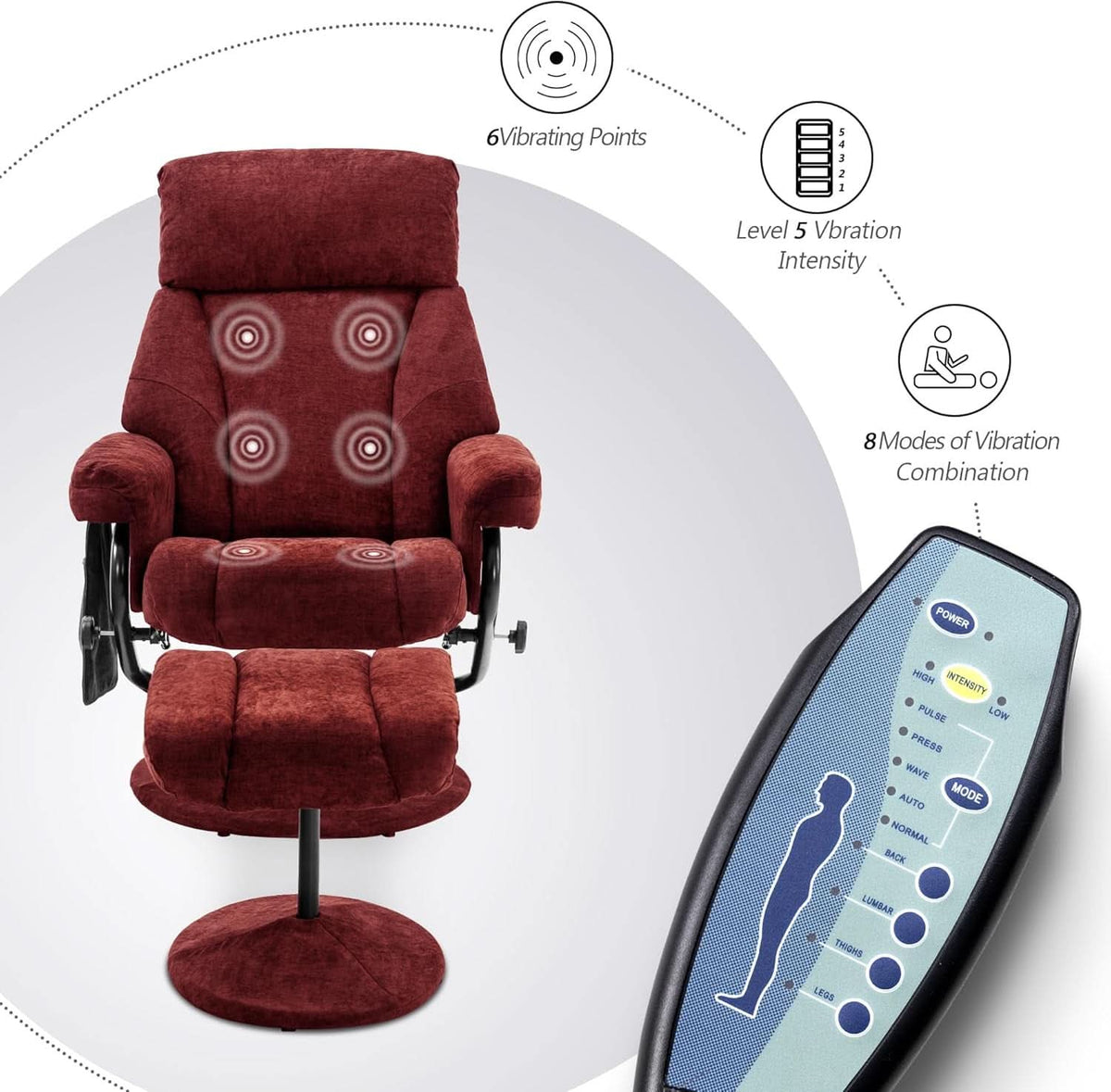 Burgundy Swivel Recliner With Ottoman Massage For RV
