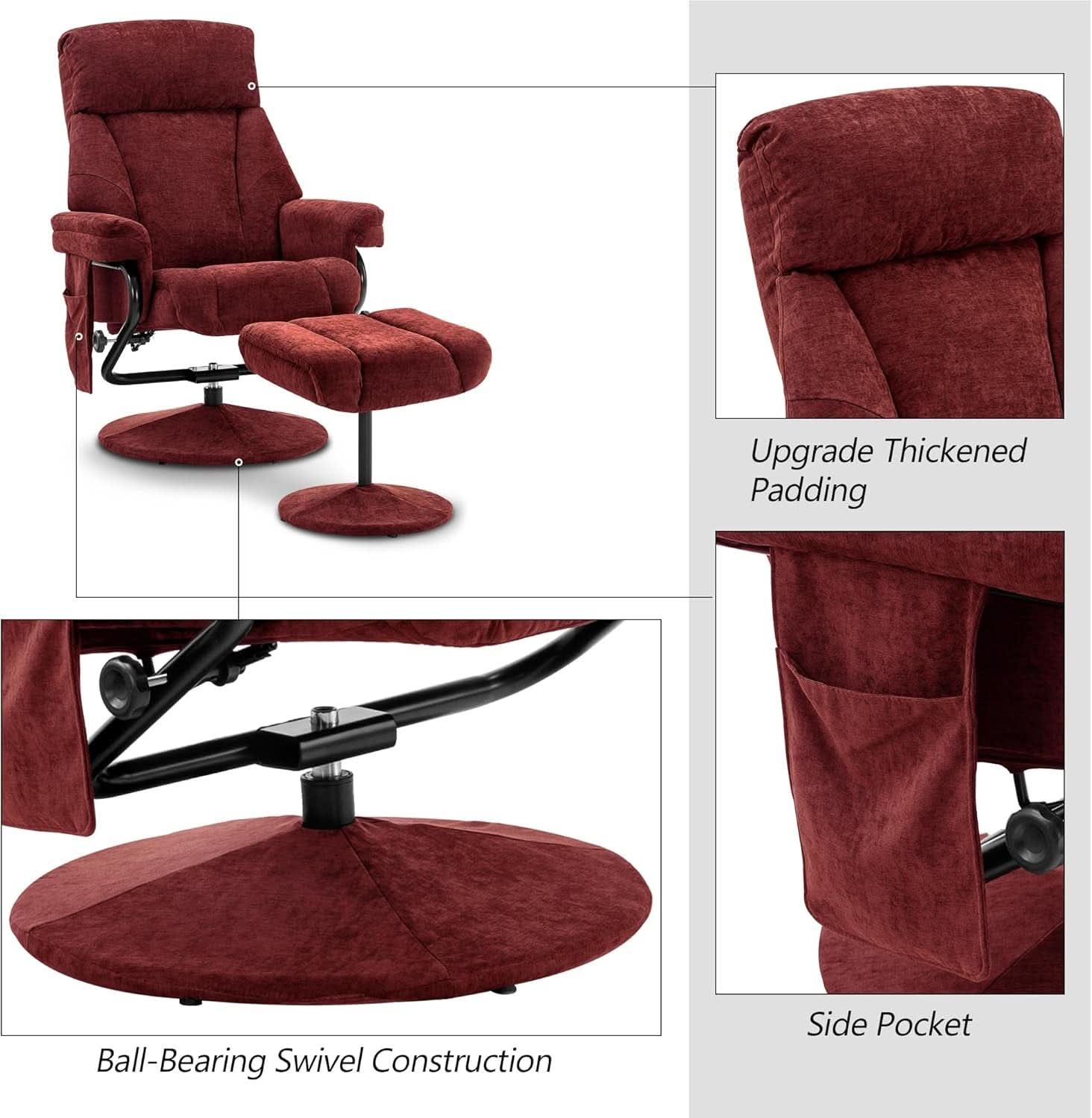 Burgundy Swivel Recliner With Ottoman Massage For RV