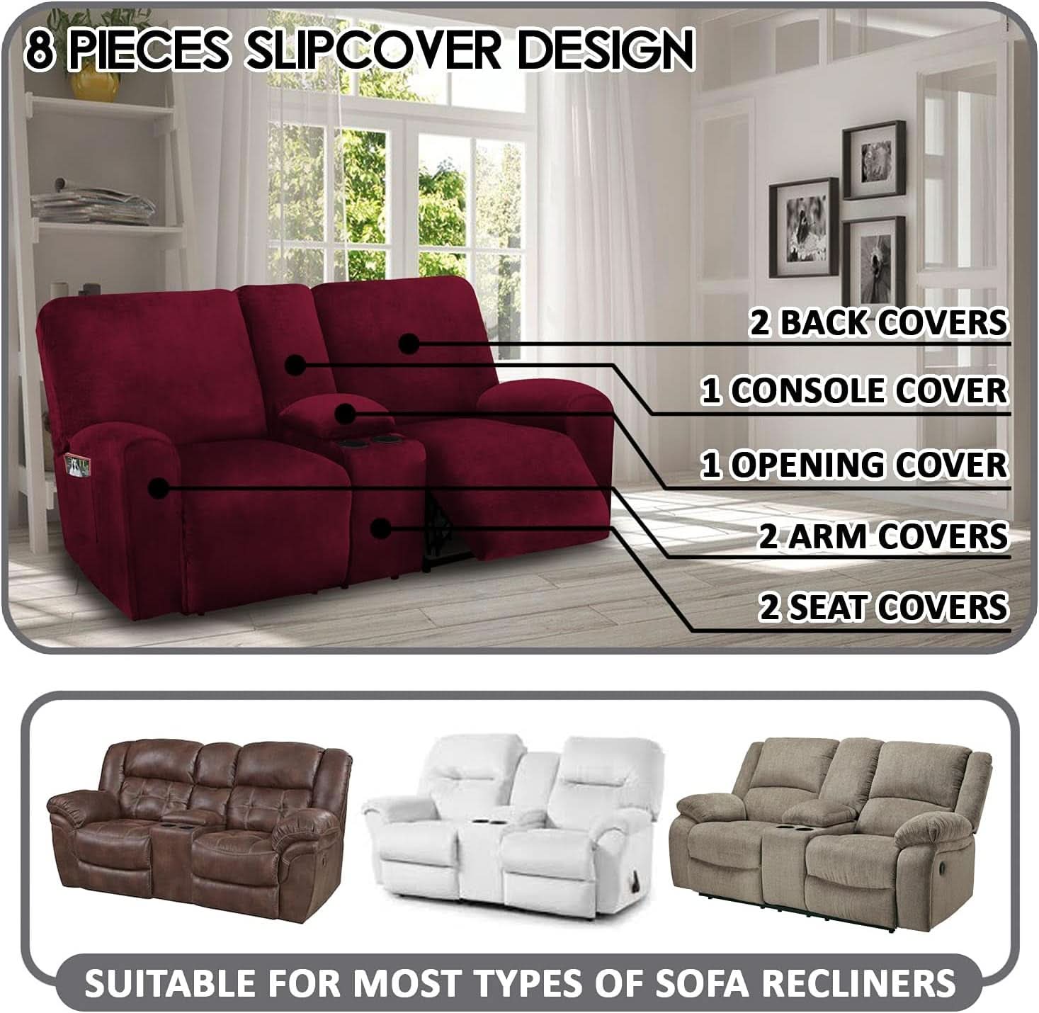 Burgundy Velvet Reclining Loveseat Slipcover Set 2 Seater Machine Washable