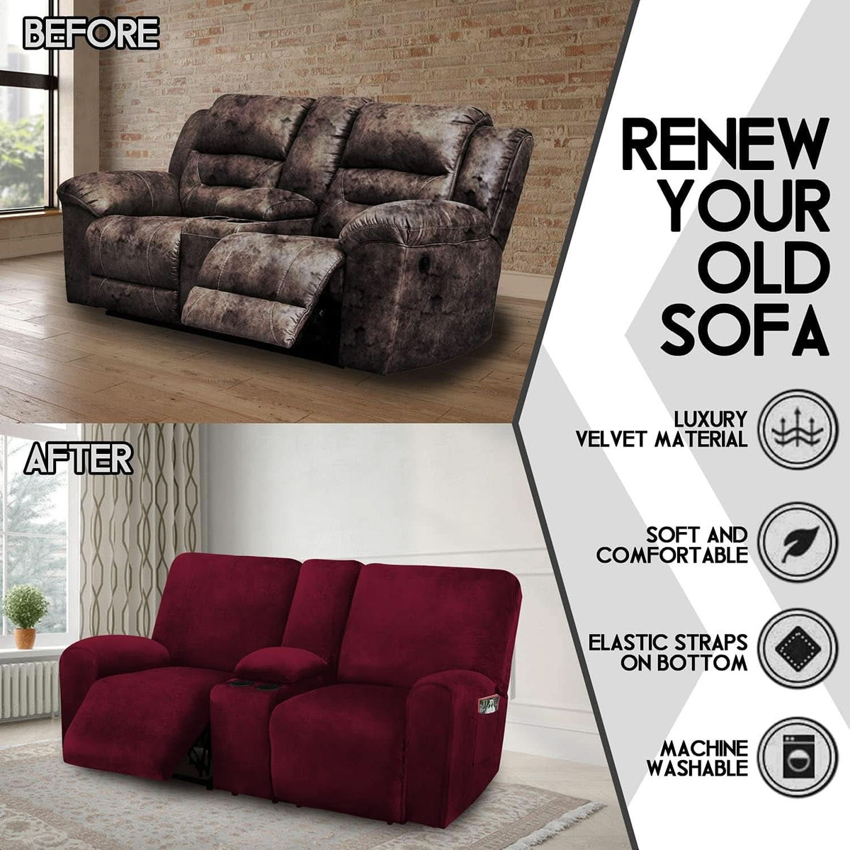 Burgundy Velvet Reclining Loveseat Slipcover Set 2 Seater Machine Washable