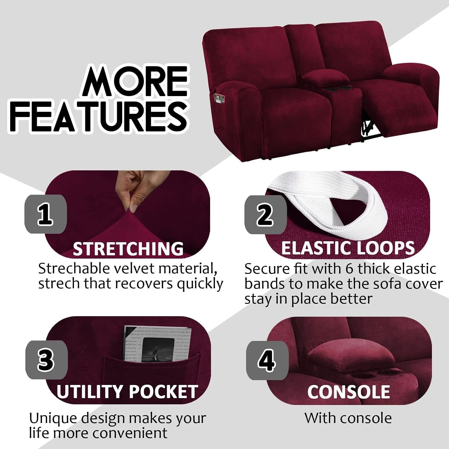 Burgundy Velvet Reclining Loveseat Slipcover Set 2 Seater Machine Washable