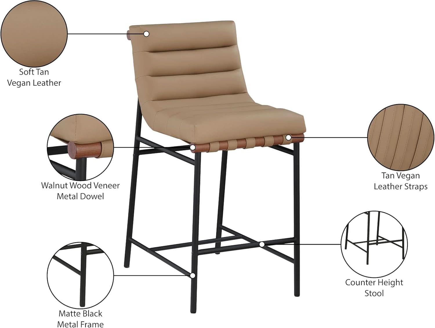 Burke Counter Stool Tan Vegan Leather Matte Black Frame