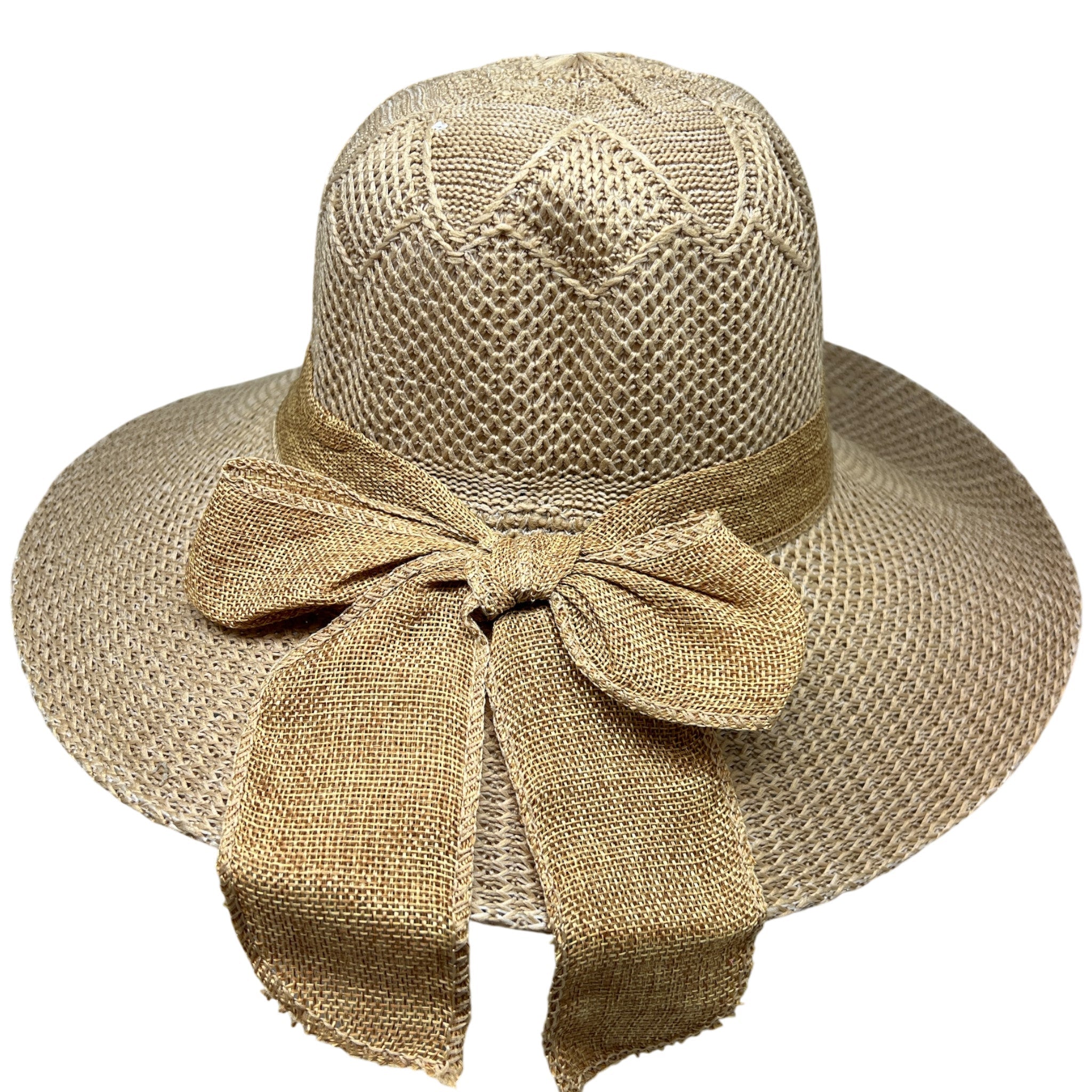 Burlap Ribbon Chiffon Crochet Woven Derby Sun Hat -Beige