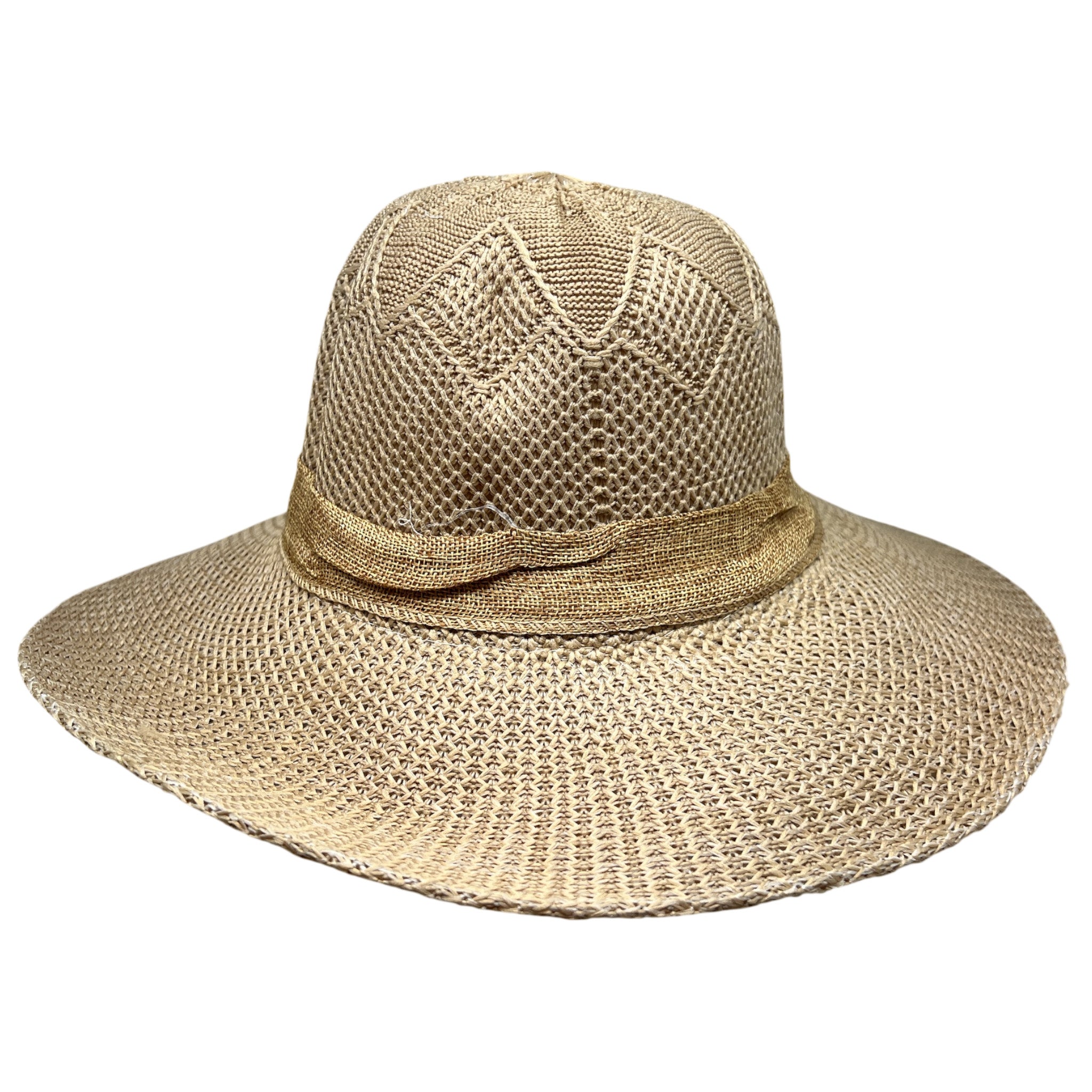 Burlap Ribbon Chiffon Crochet Woven Derby Sun Hat -Beige