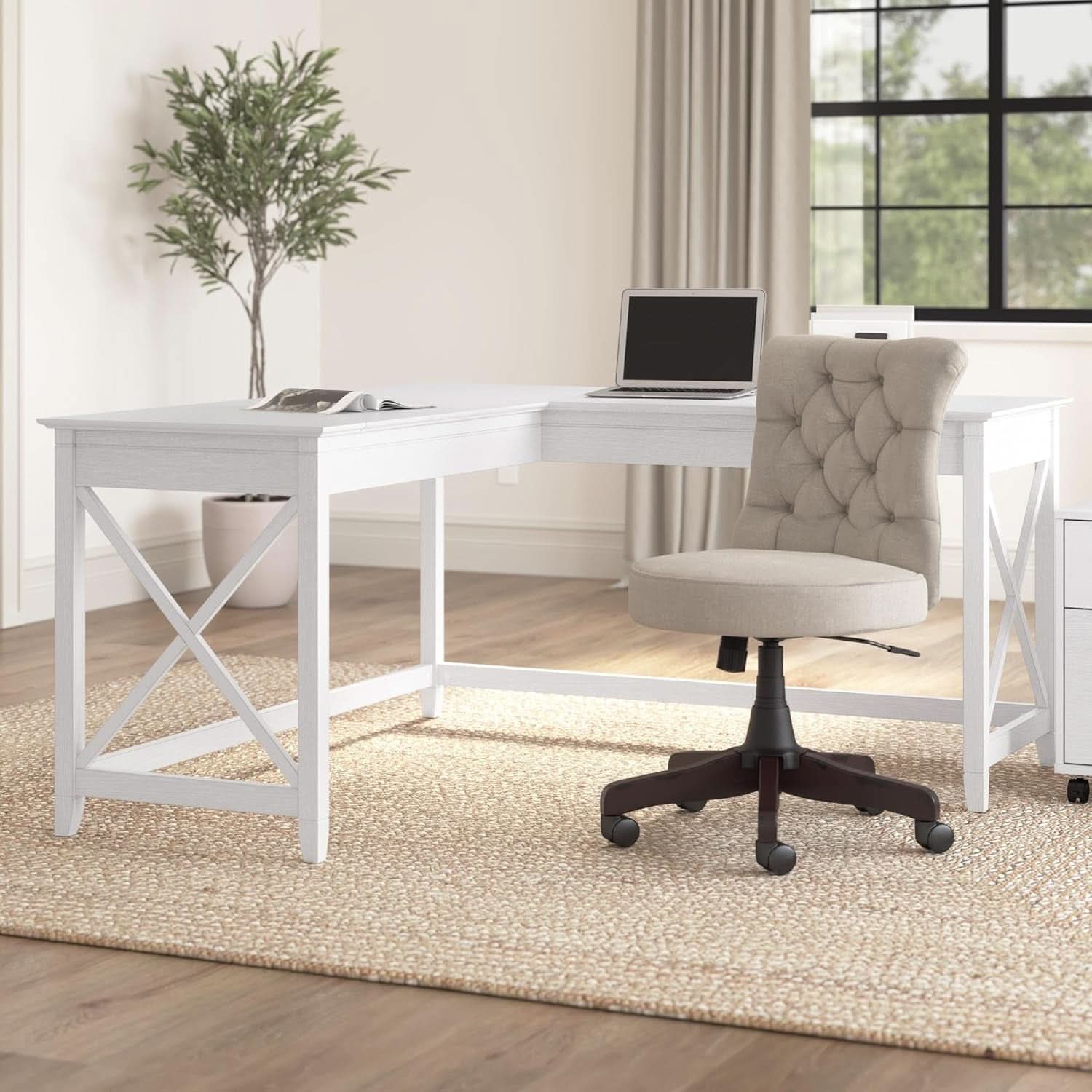 Bush Furniture Key West 60W L Shaped Desk Pure White Oak