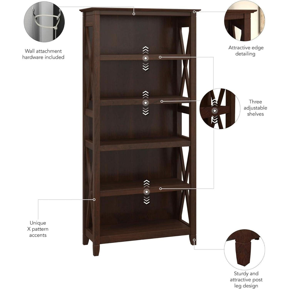 Bush Furniture Tall 5 Shelf Bookcase Bing Cherry Finish