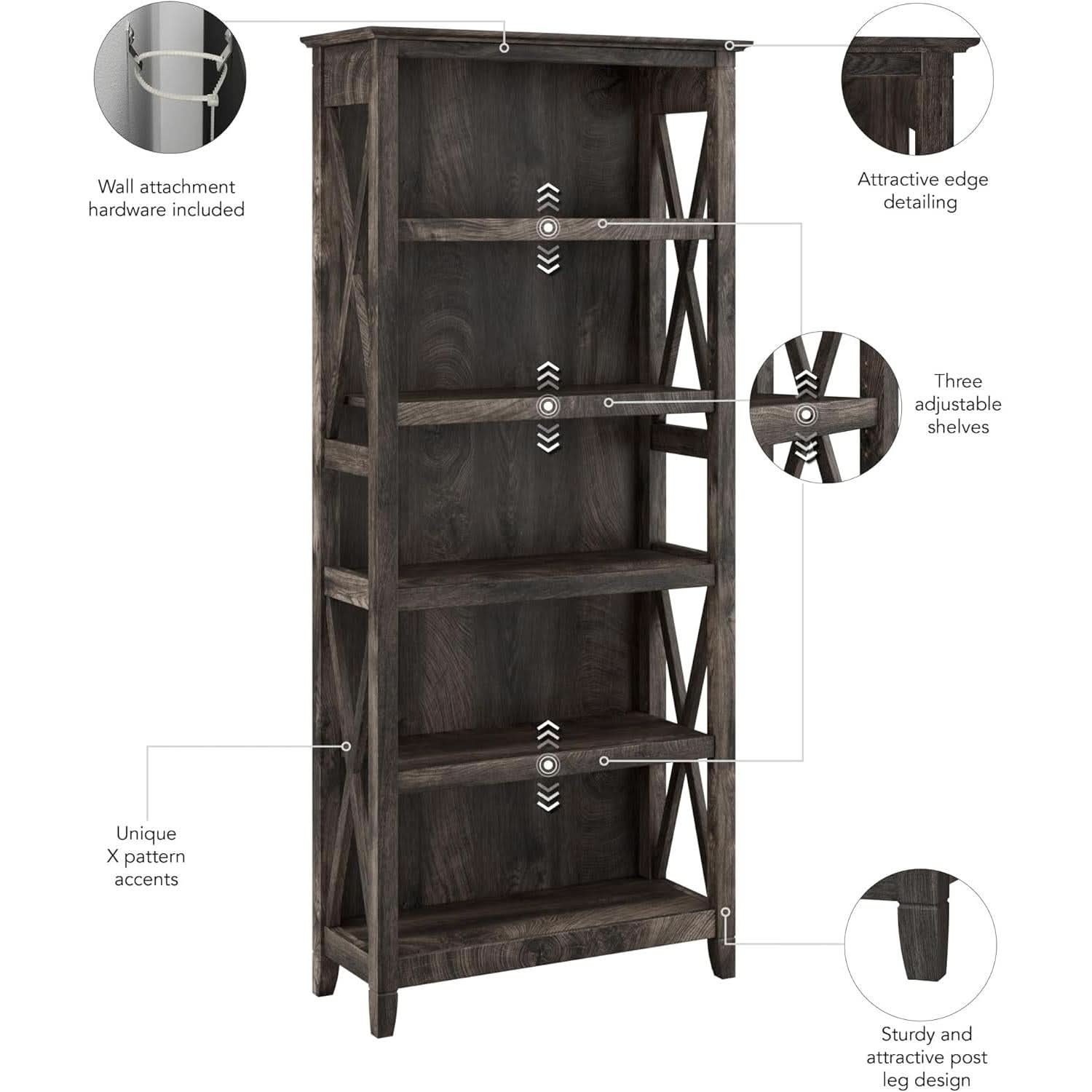 Bush Furniture Tall 5 Shelf Bookcase Dark Gray Hickory