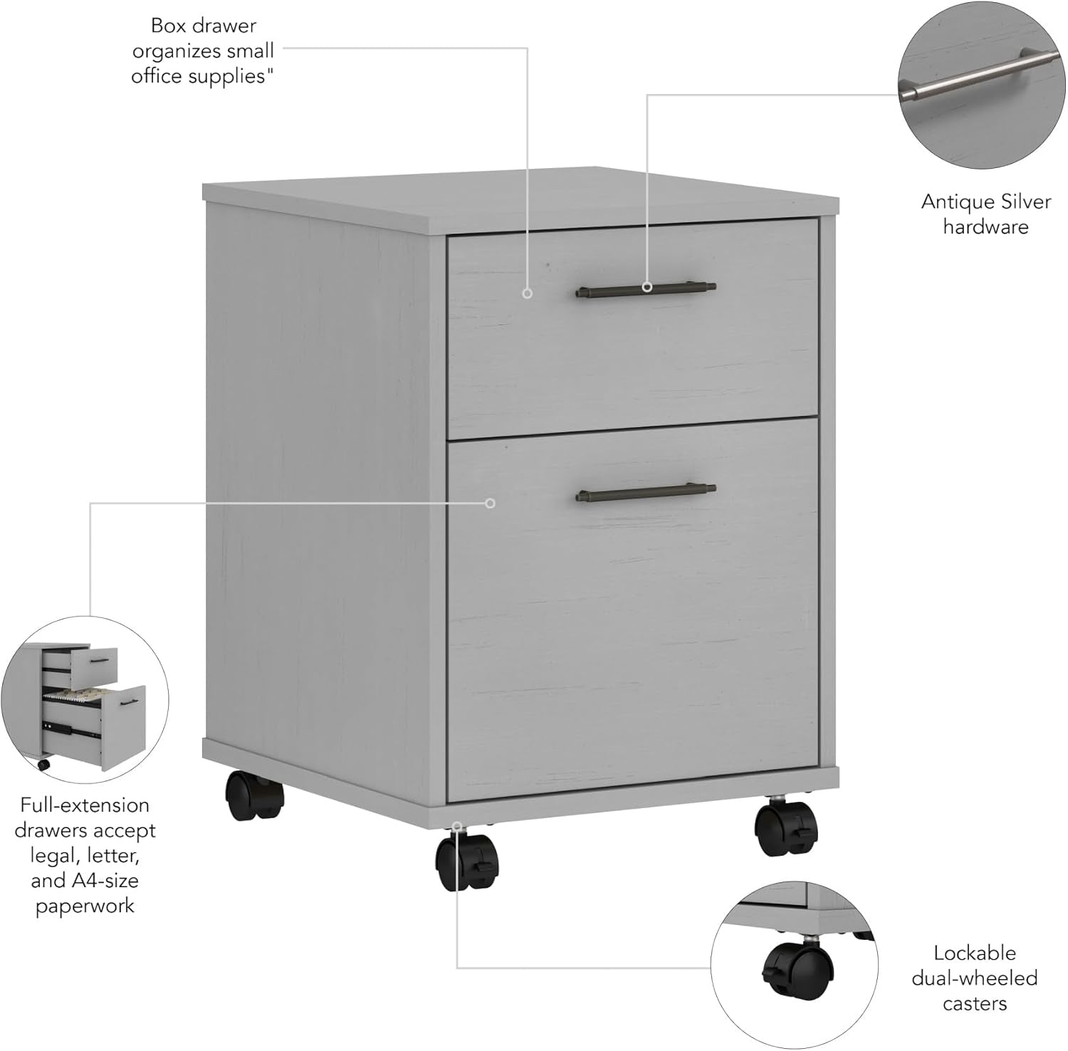 Bush Key West Two Drawer Rolling File Cabinet Cape Cod Gray