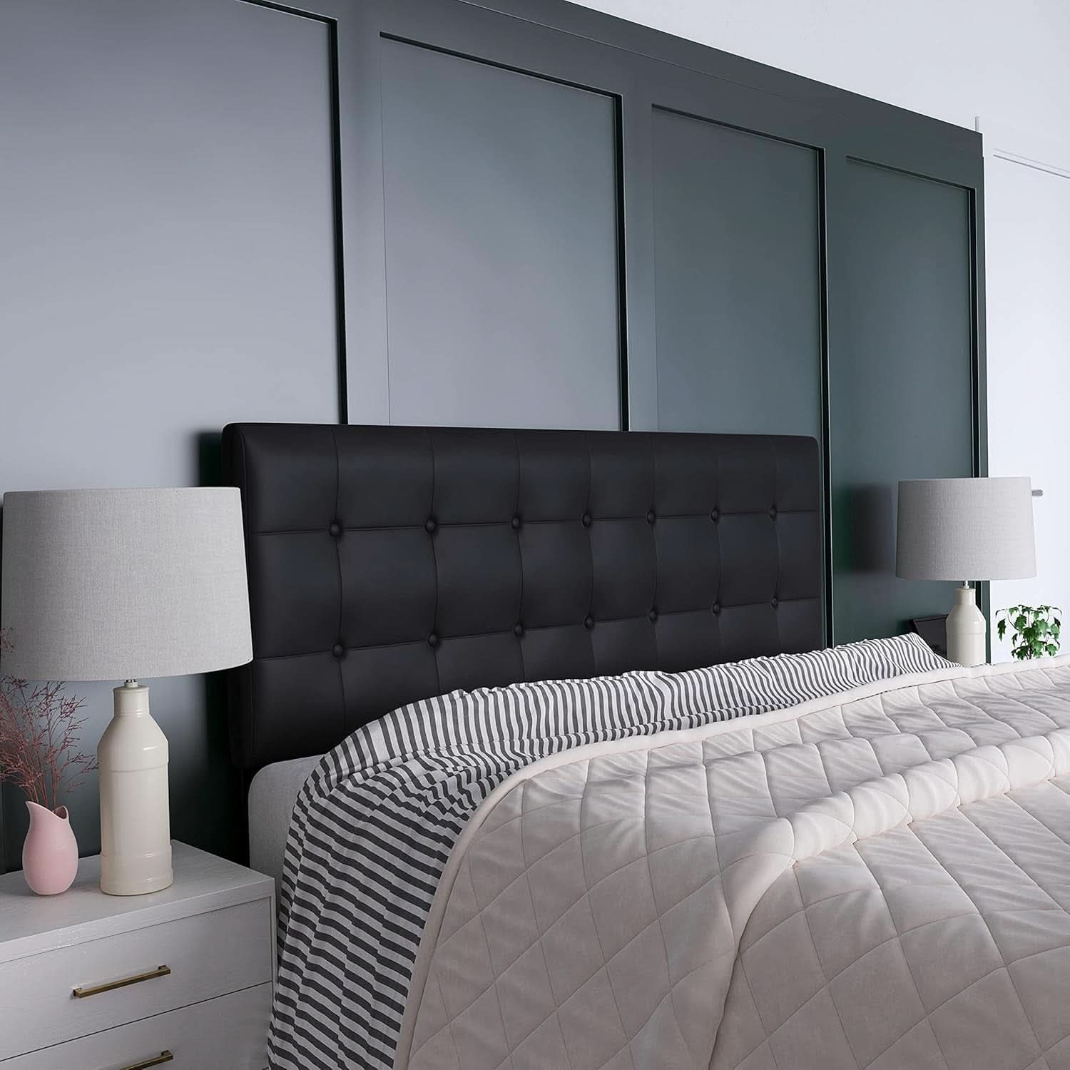Button Tufted Black Vinyl Queen Size Headboard Upgrade